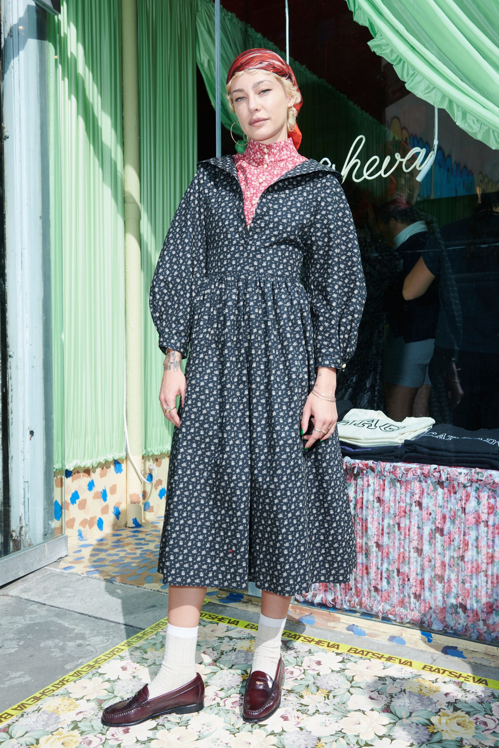 black floral midi dress with loafers