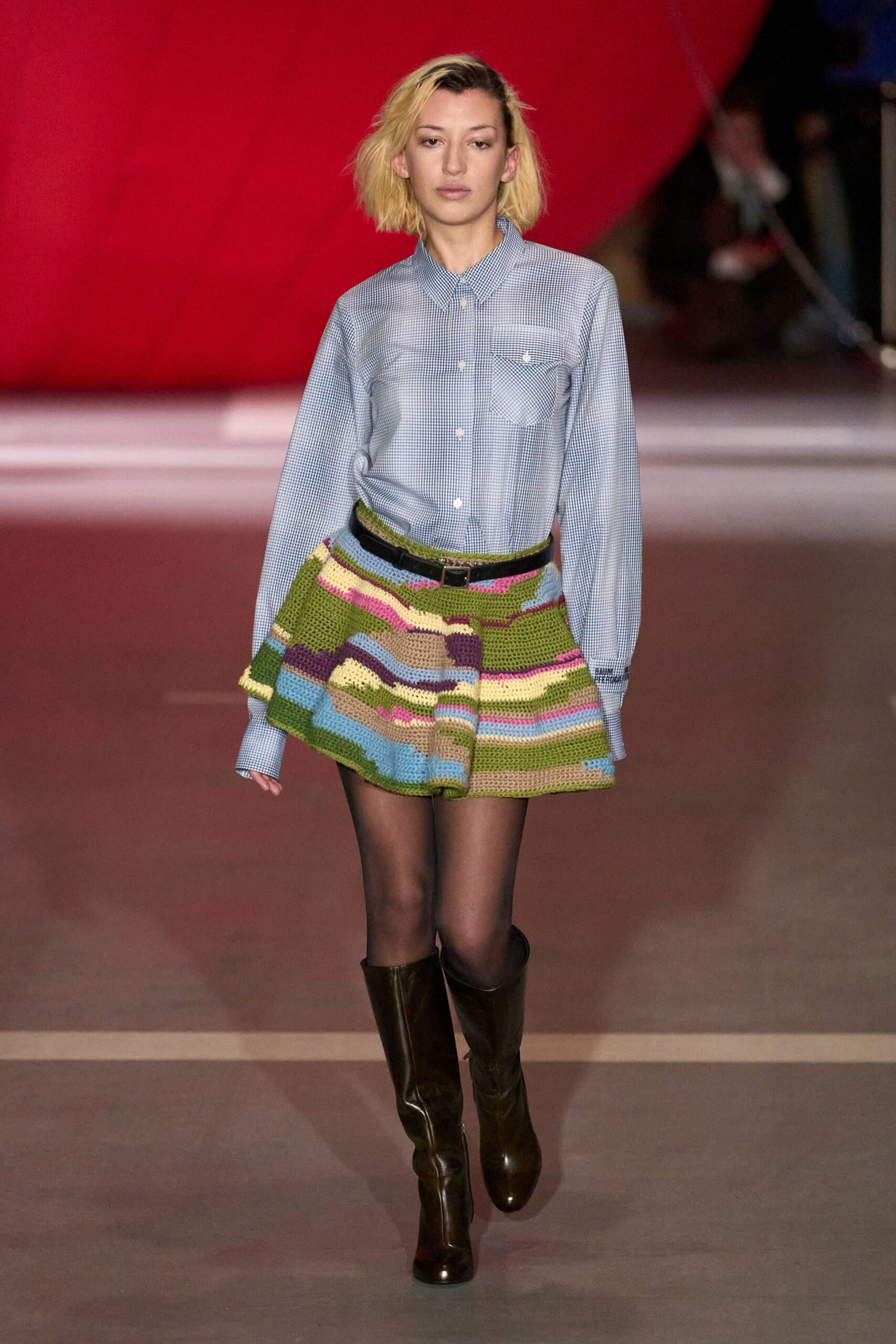 blue cotton shirt with mini skirt