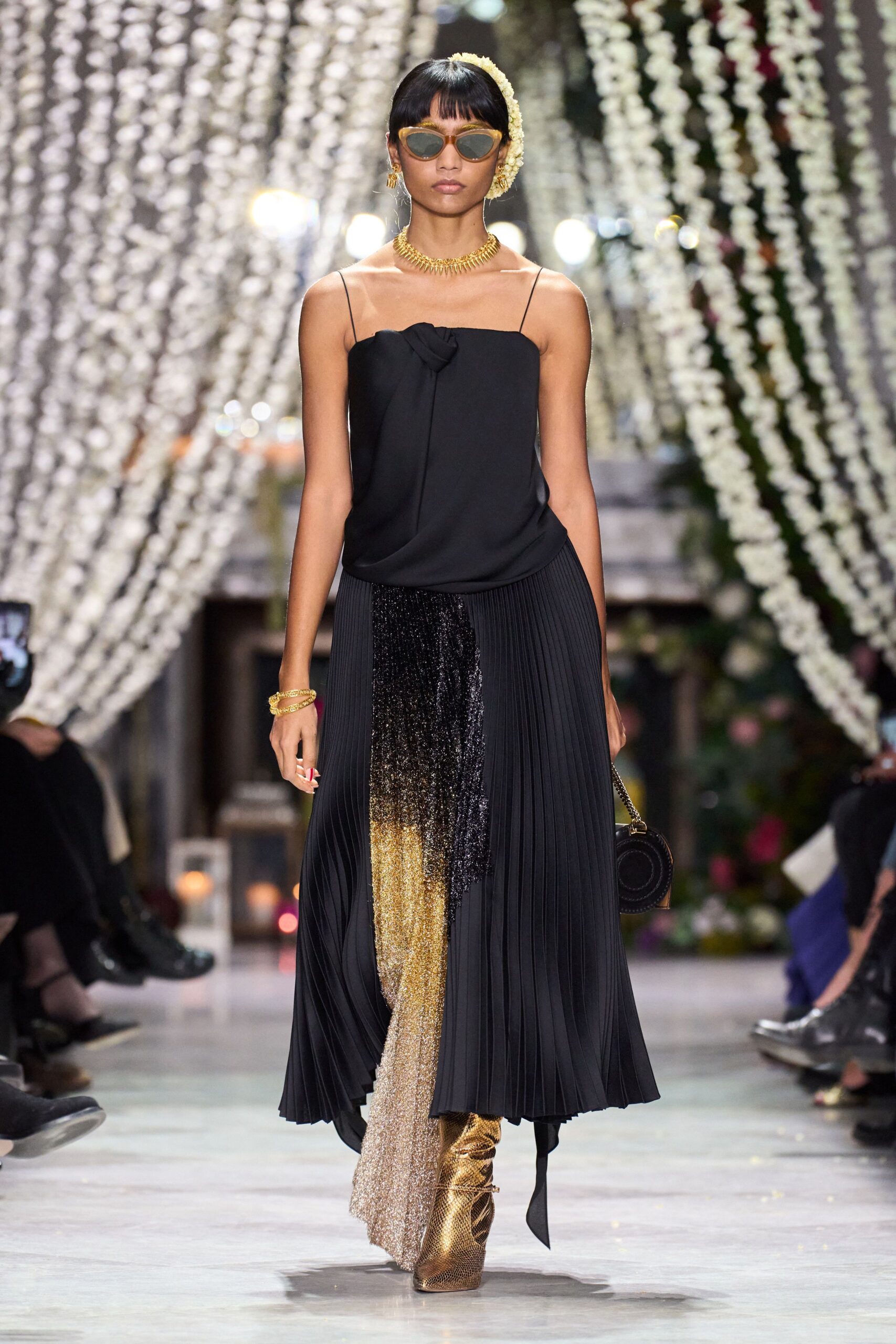 black silk top with pleated skirt