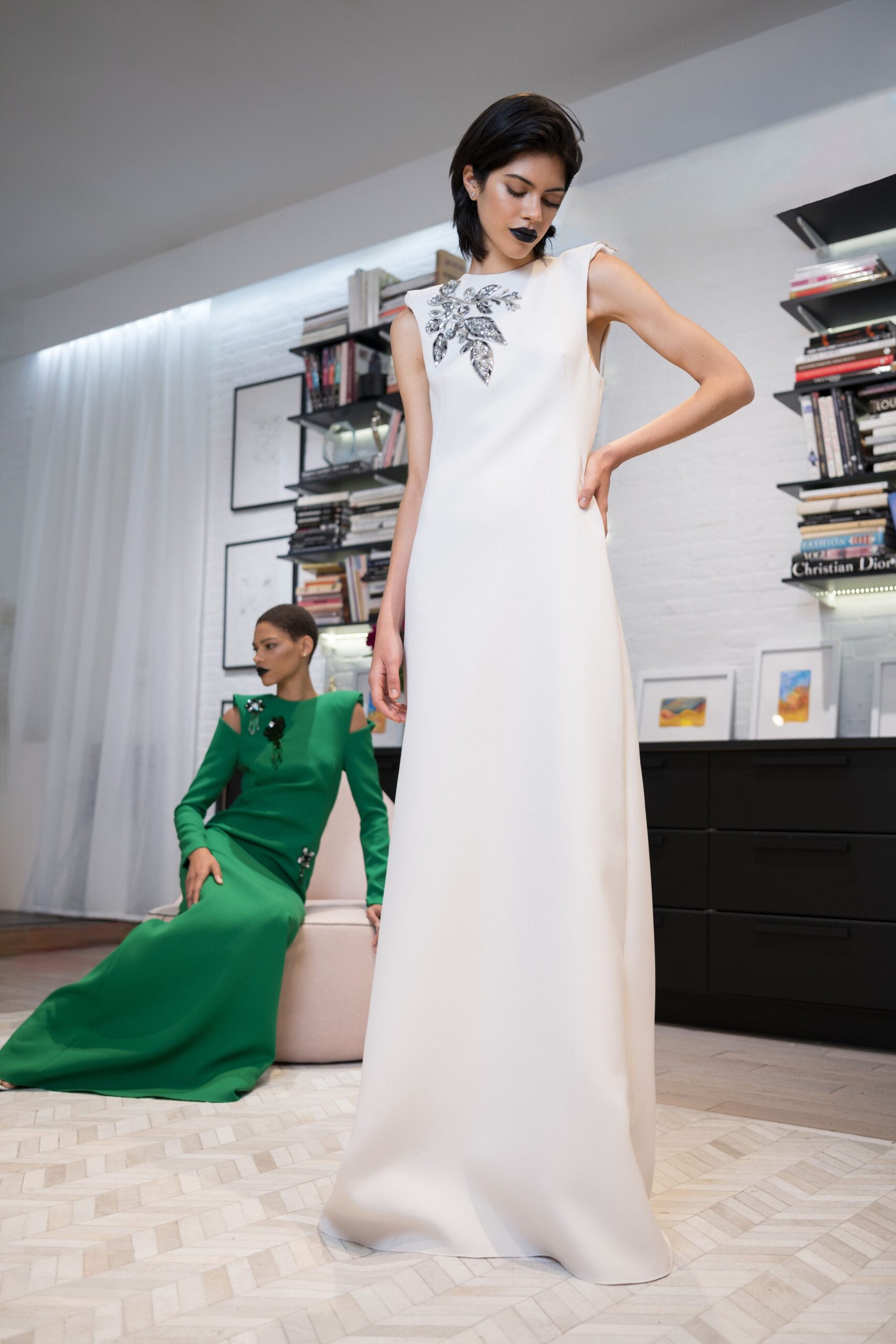 white and green embellished gowns
