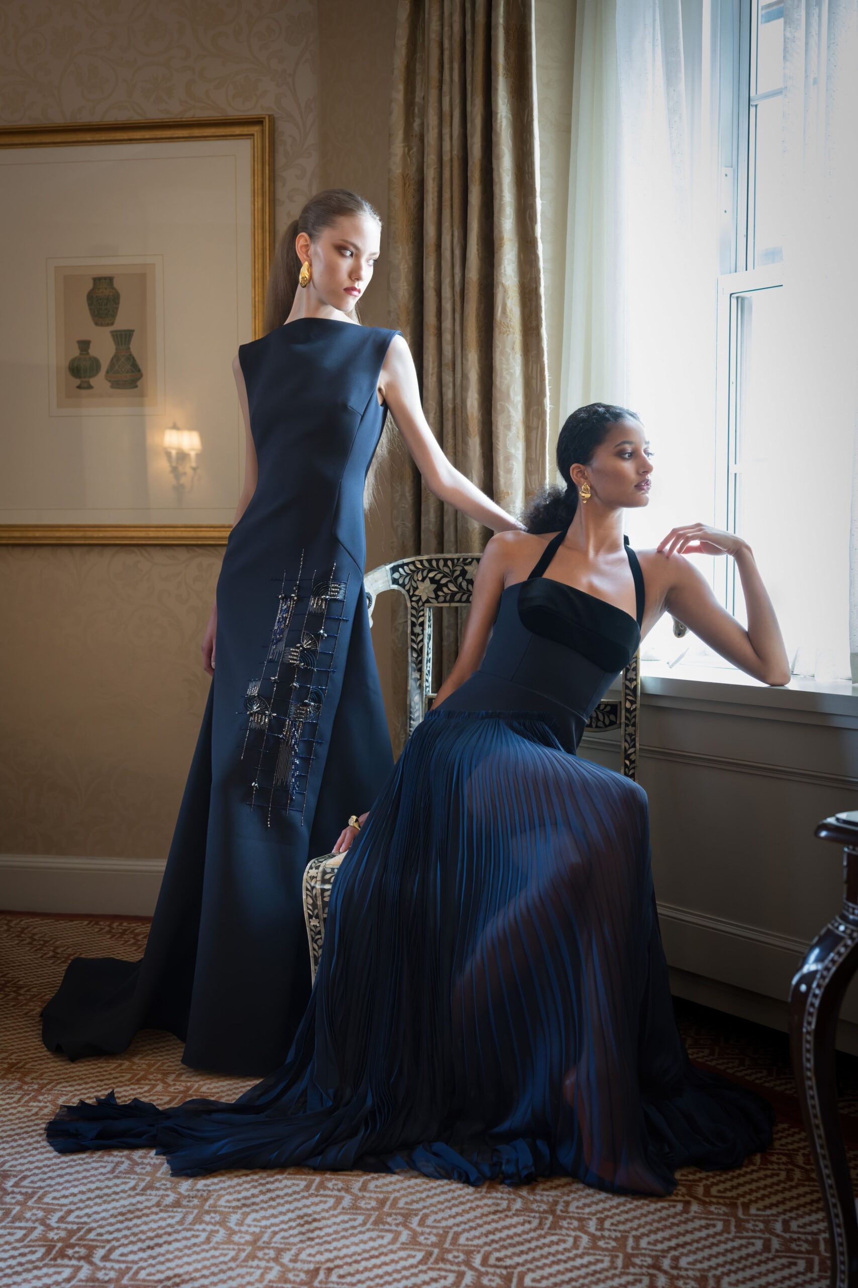 blue crepe sleeveless high-neck fitted embellished layered gown
