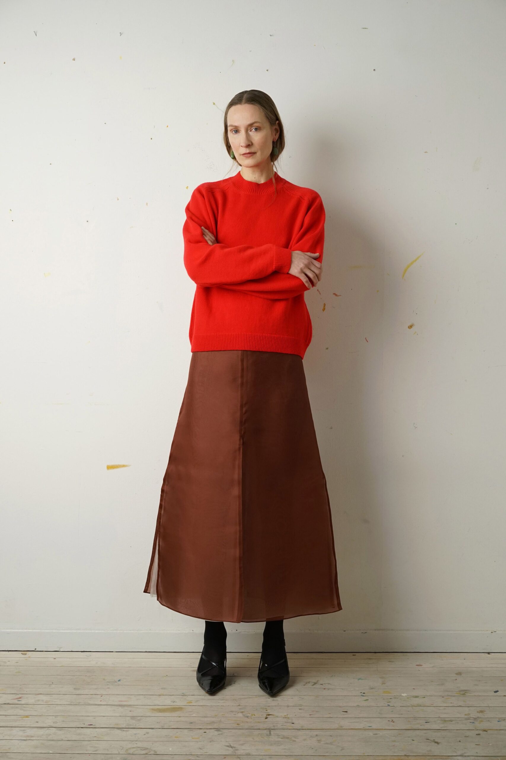 red wool sweater brown midi skirt