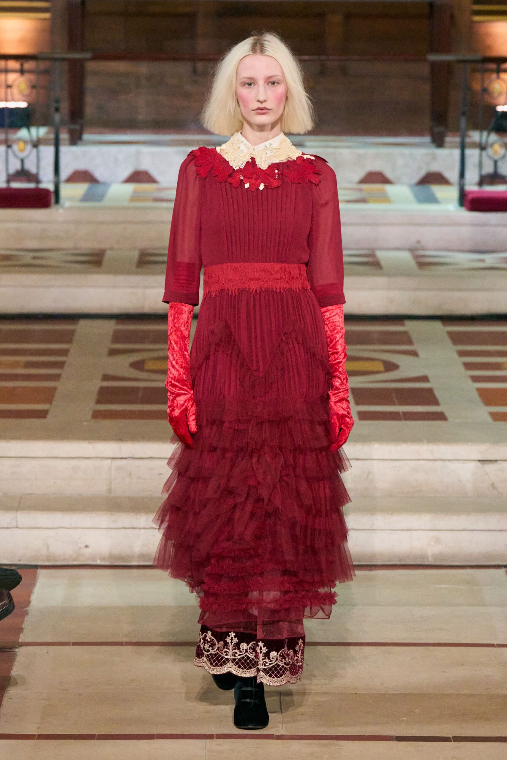 red tulle long-sleeve collared fitted ruffled tiered dress