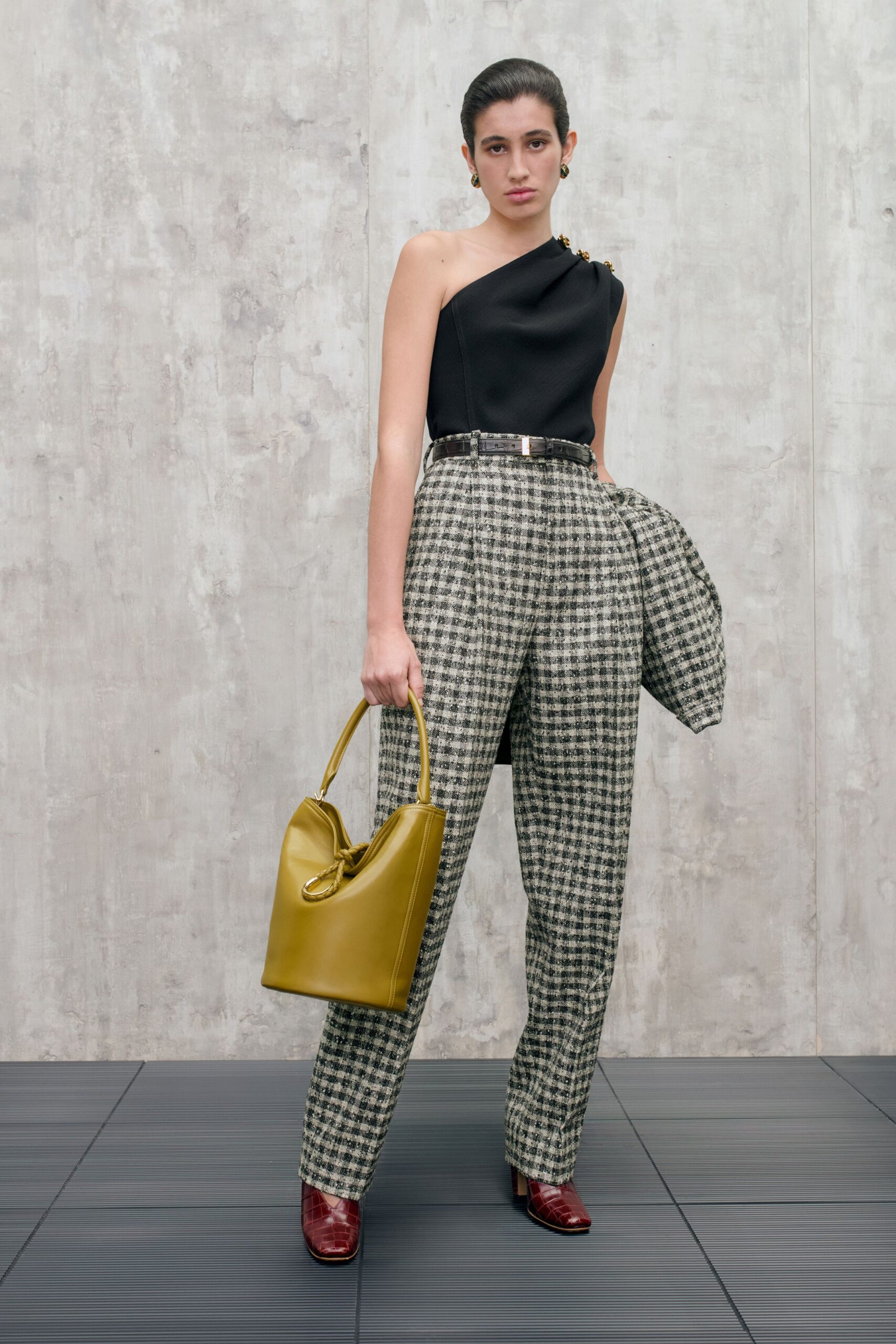 black asymmetric top gray checked pants