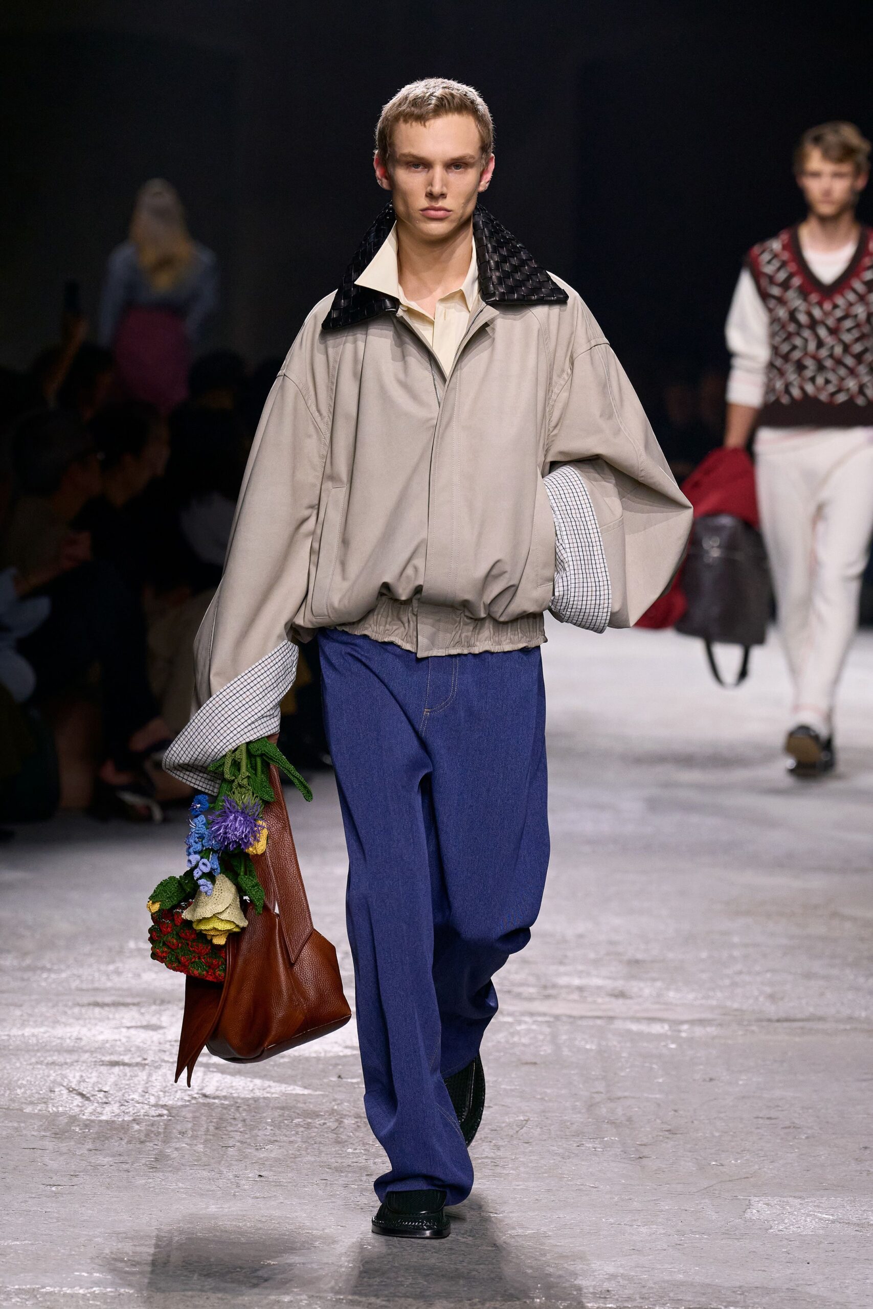 beige relaxed jacket with blue pants