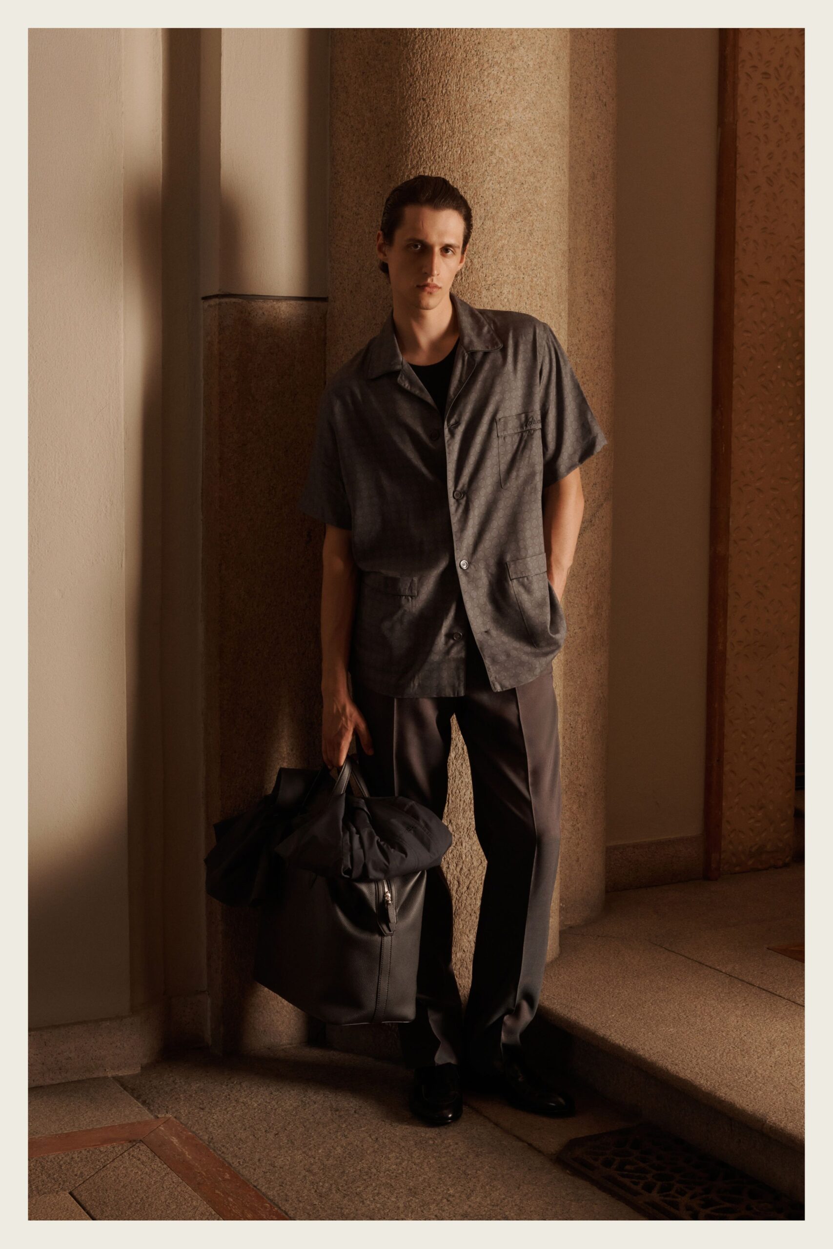 gray silk short-sleeve collared relaxed buttoned pockets shirt