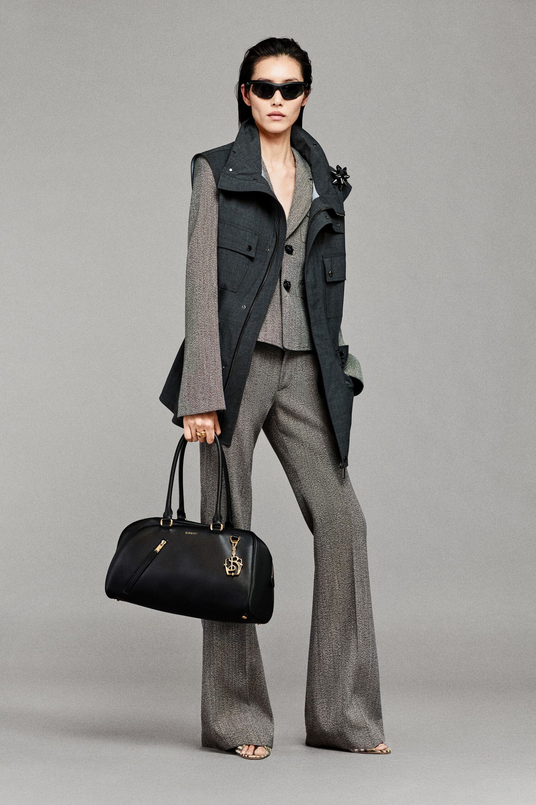 black vest gray blazer flared pants