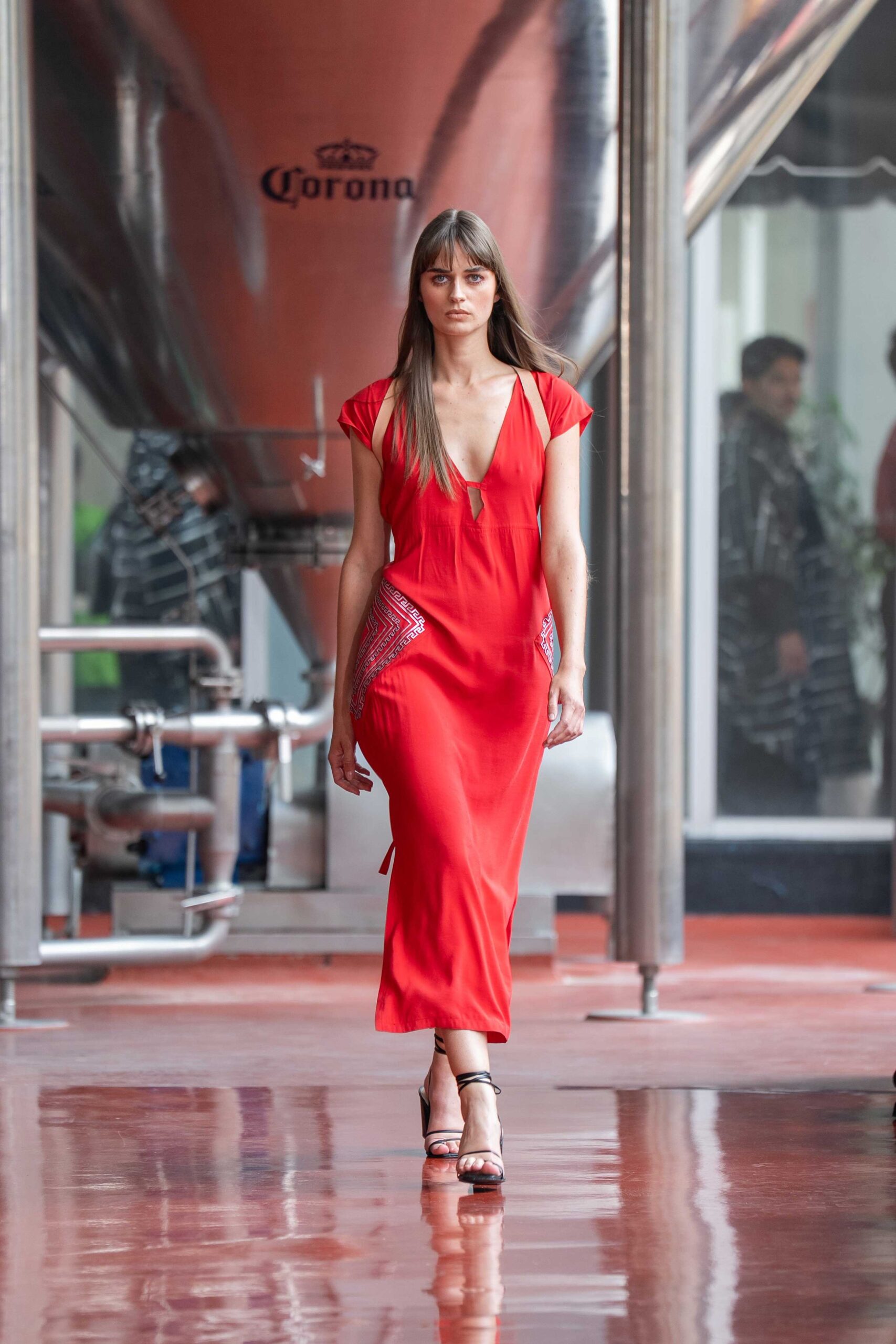 red silk short-sleeve v-neck fitted draped midi dress