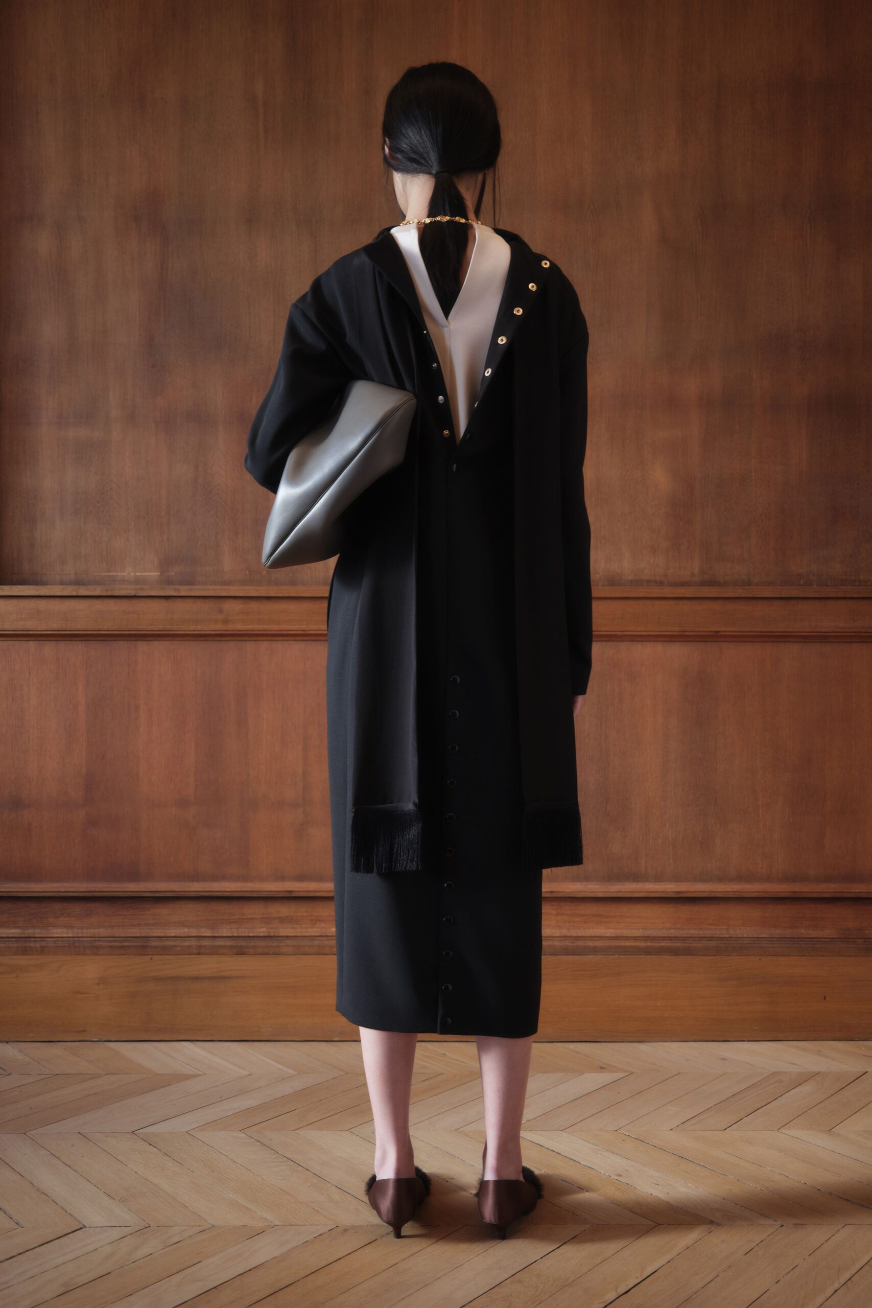 black silk sleeveless dress with coat