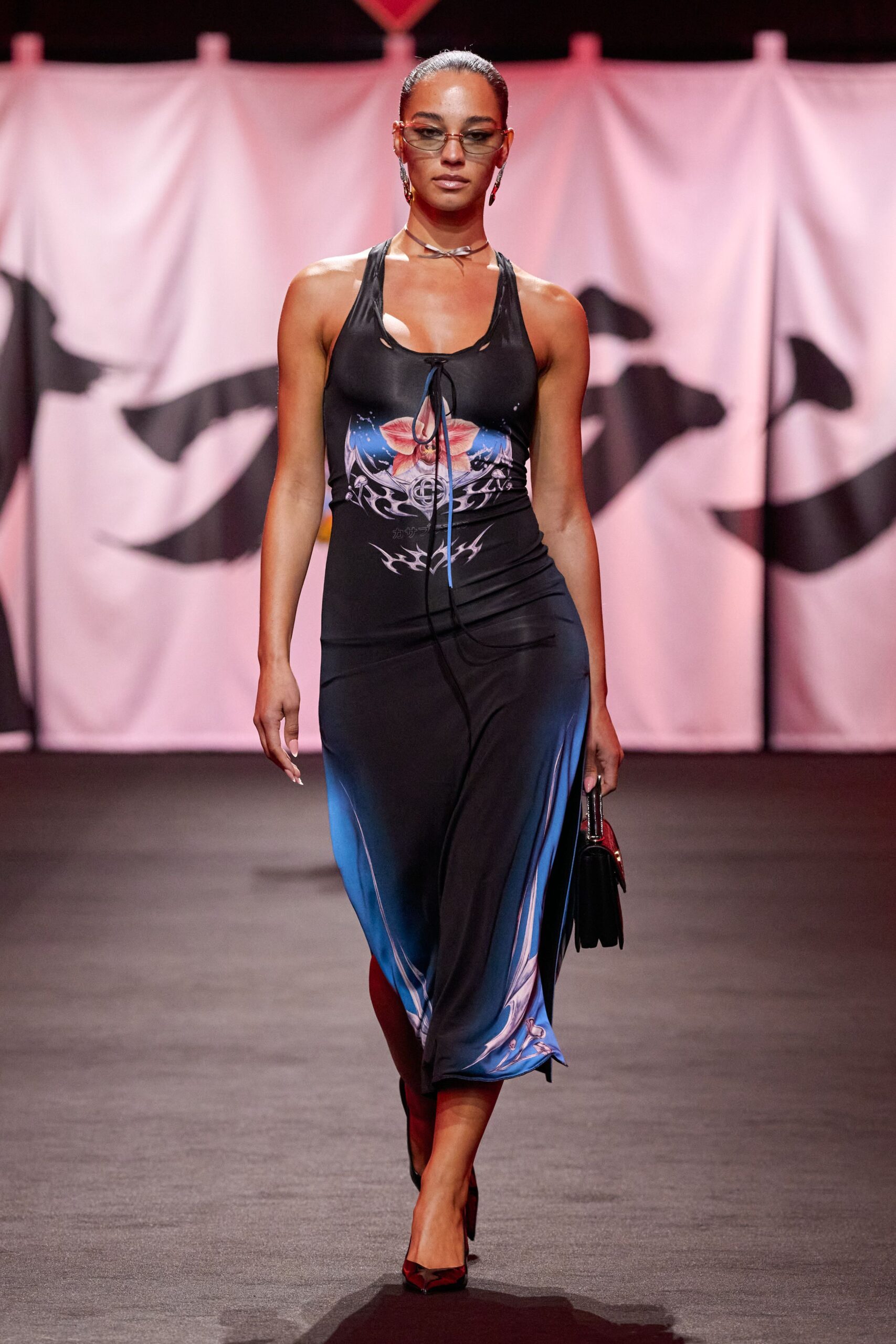 black silk sleeveless halter fitted printed draped dress