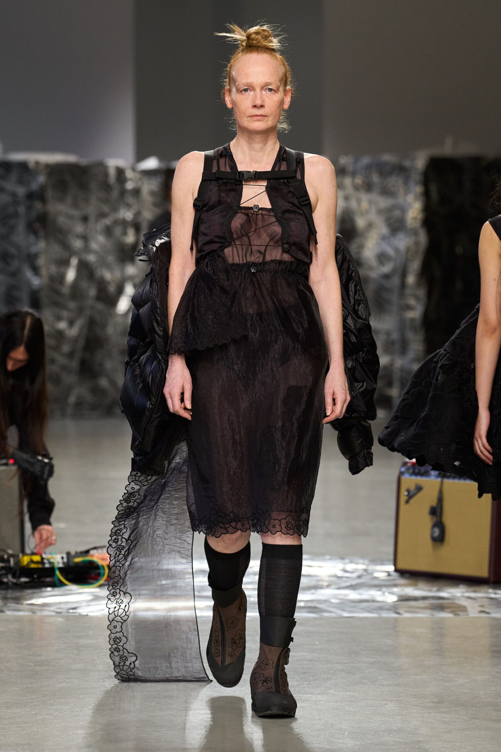 black lace sleeveless v-neck fitted layered ruffled dress