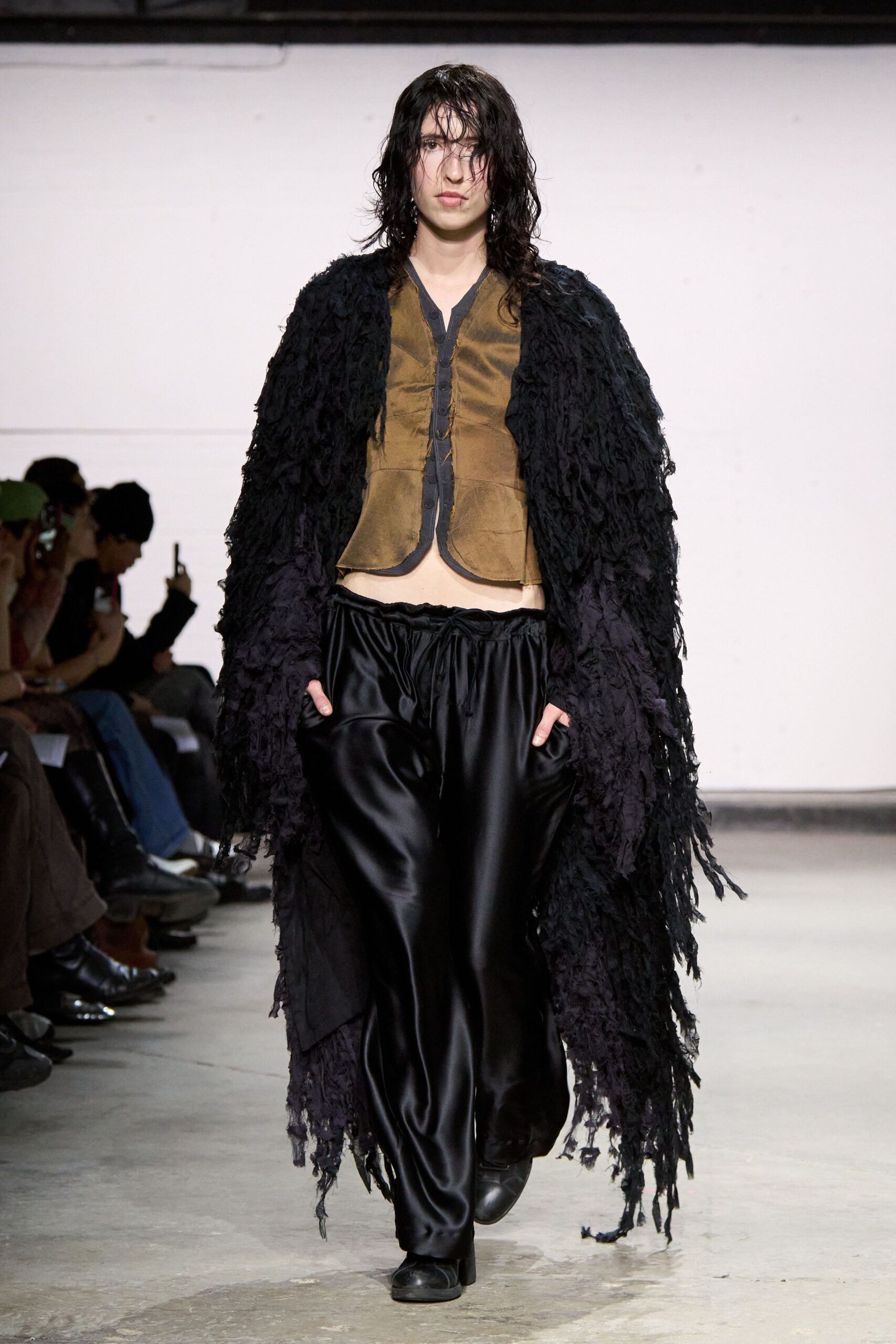 black fringed coat brown fitted top
