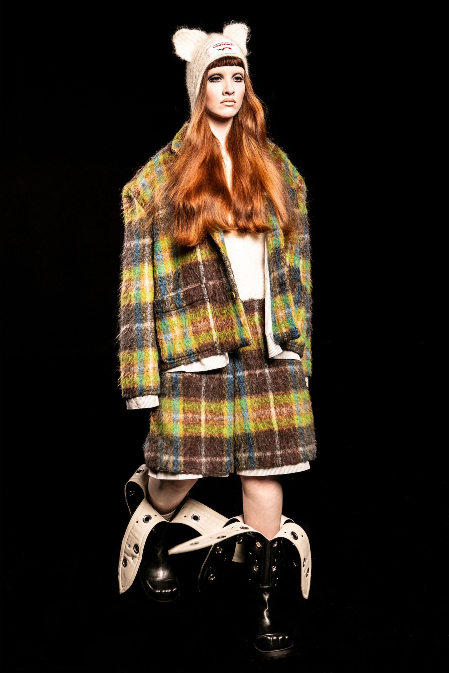 multi wool long-sleeve collared oversized checked jacket