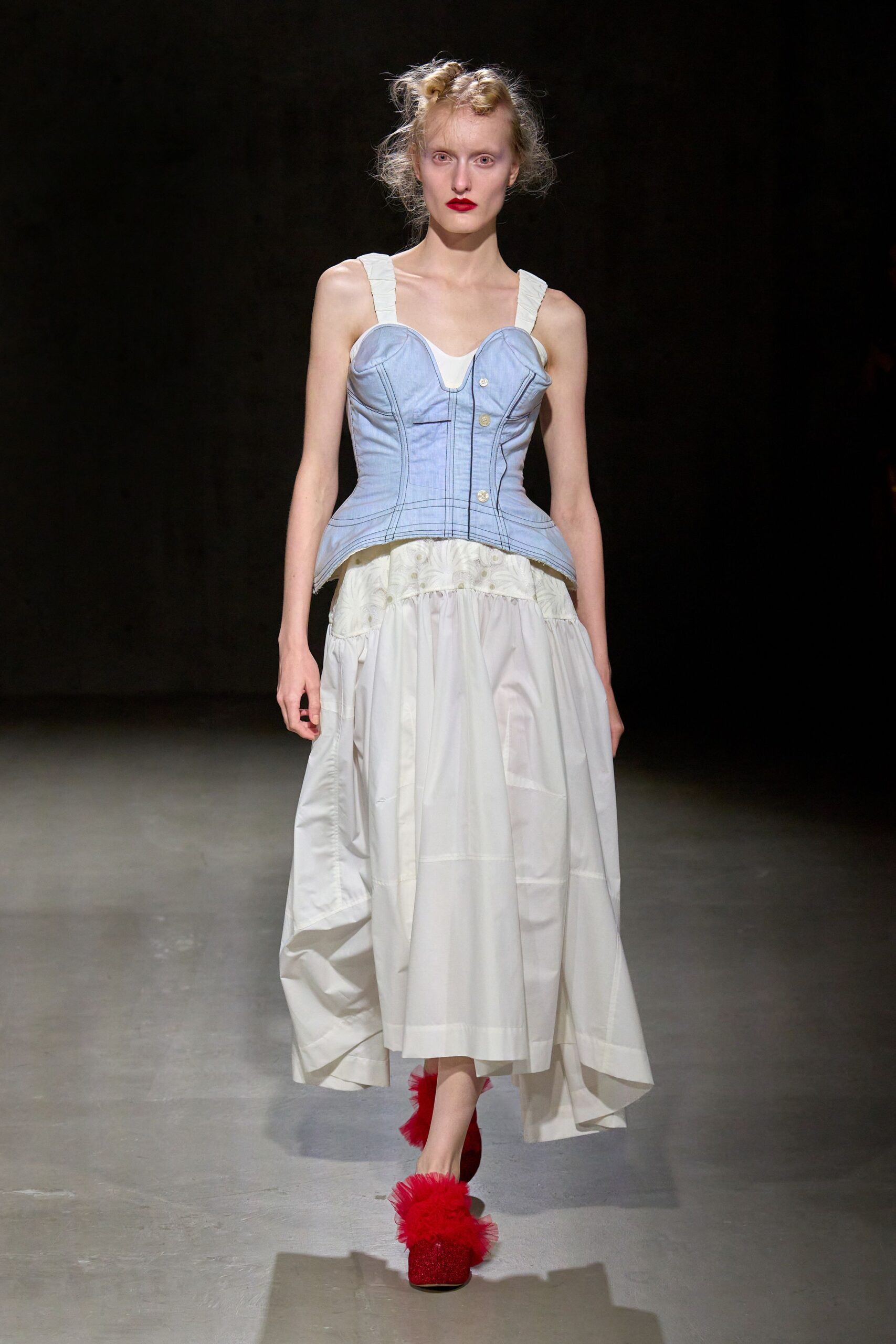 blue denim sleeveless collared fitted buttoned corset