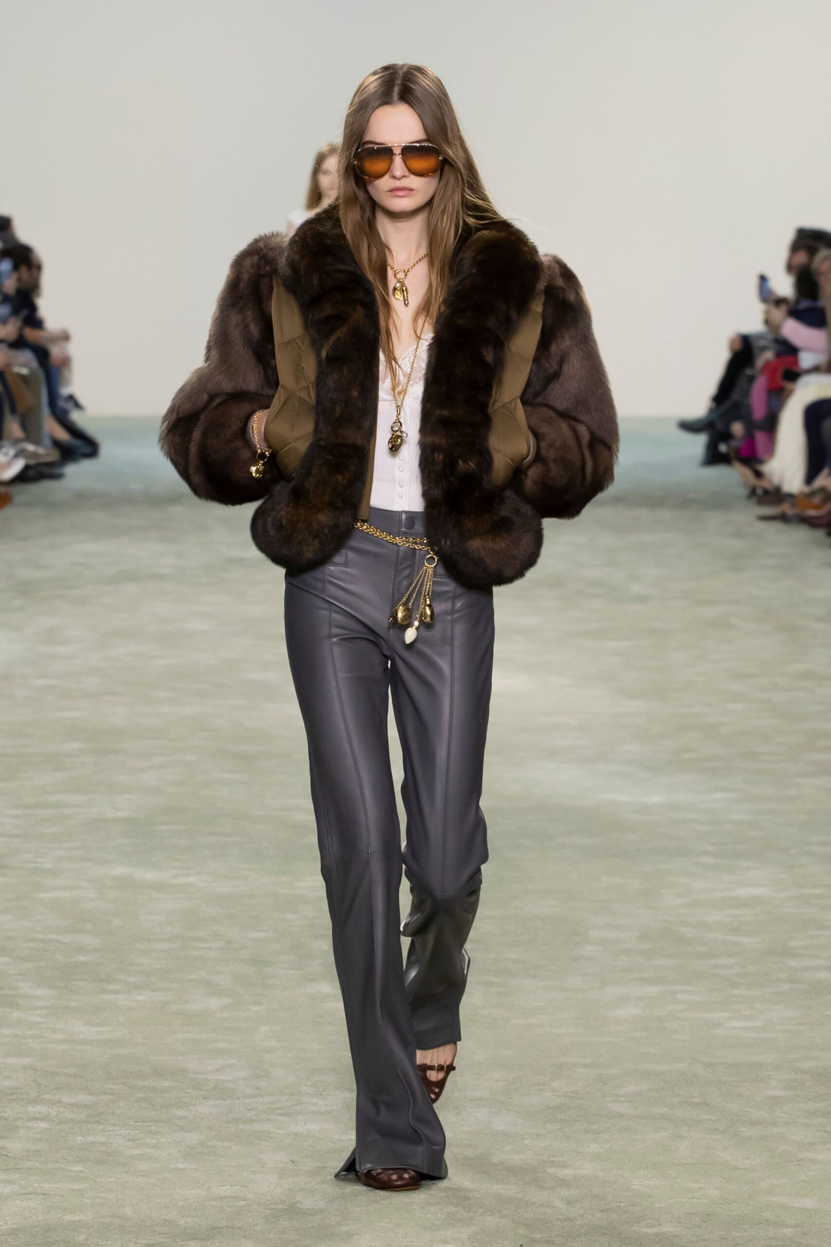 brown fur long-sleeve relaxed layered jacket