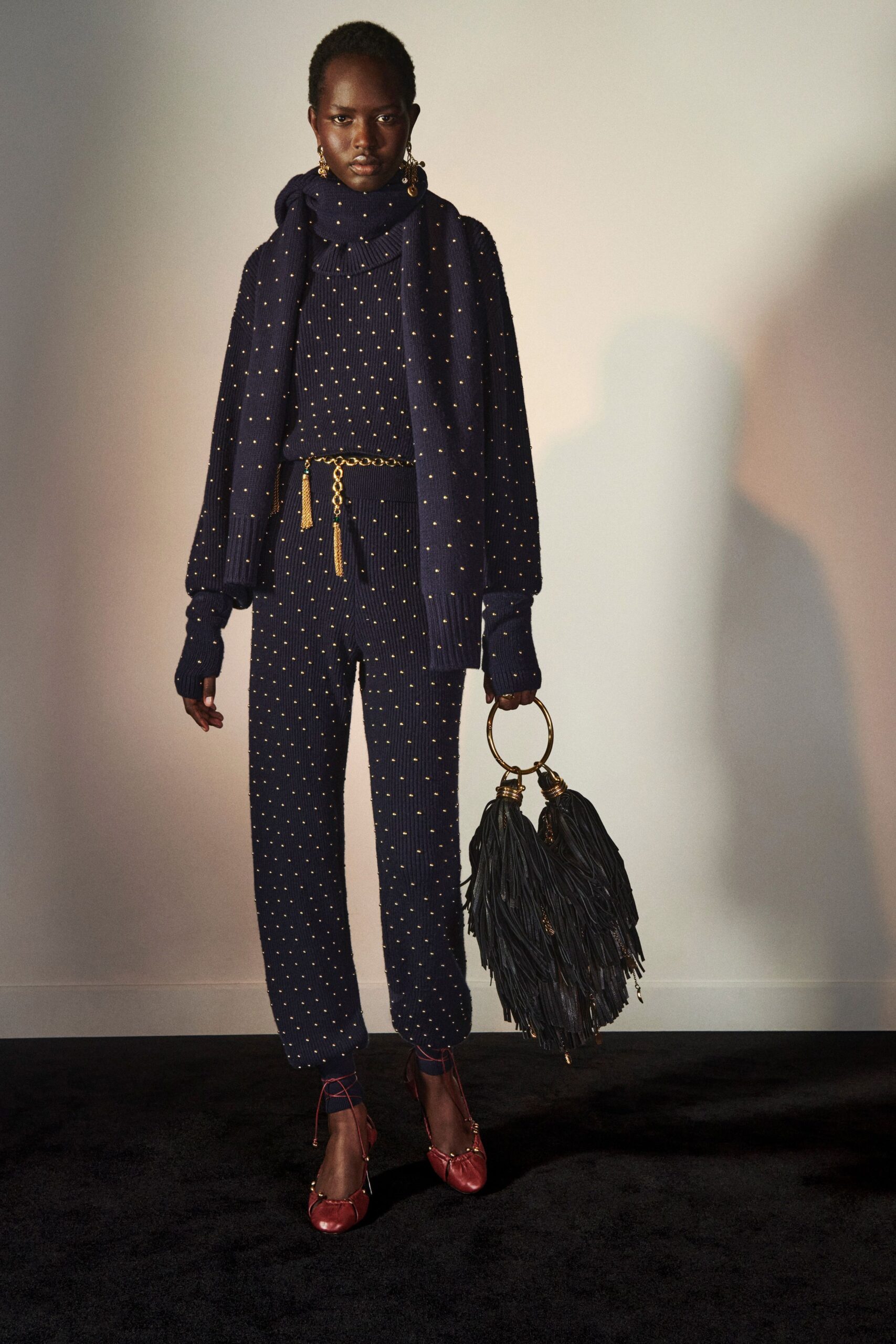 navy polka-dot sweater and pants