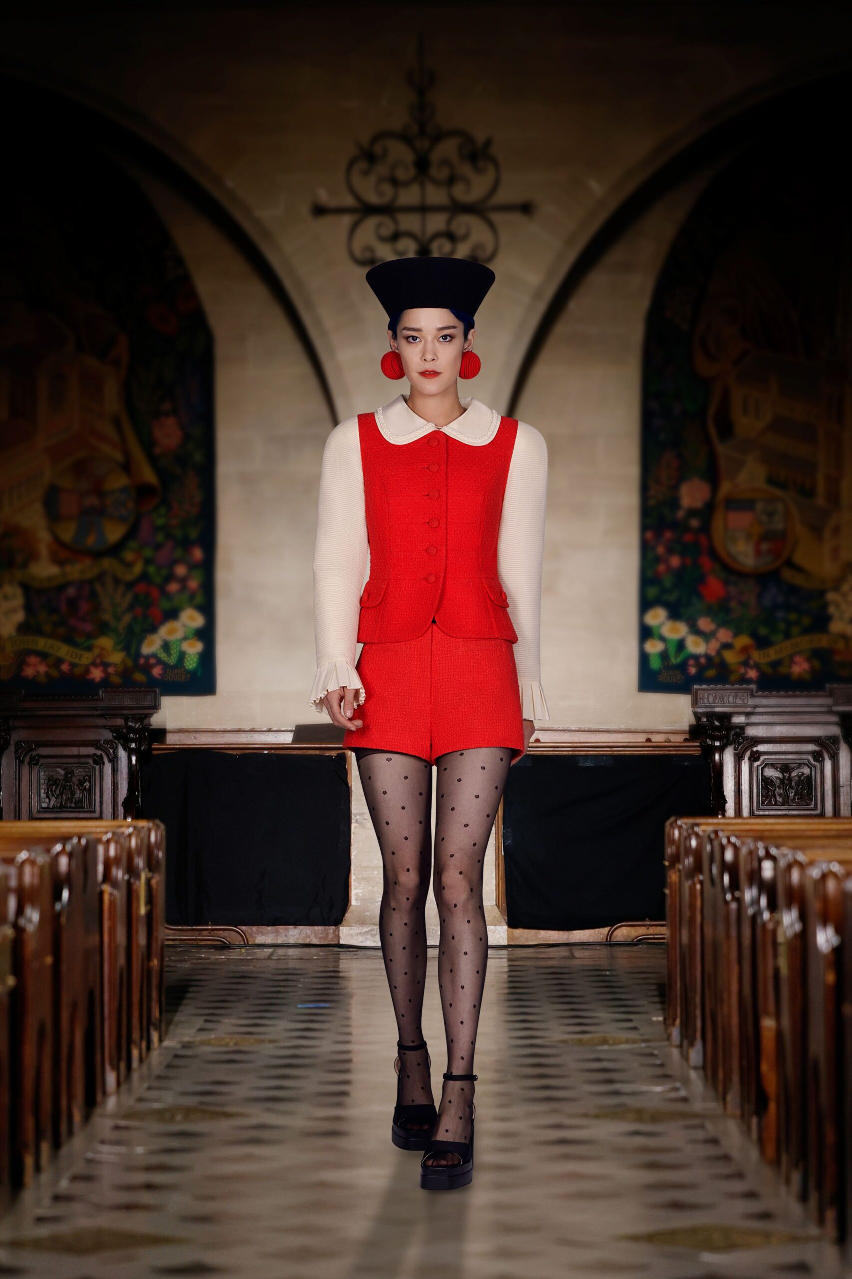 red cotton long-sleeve collared fitted buttoned blazer