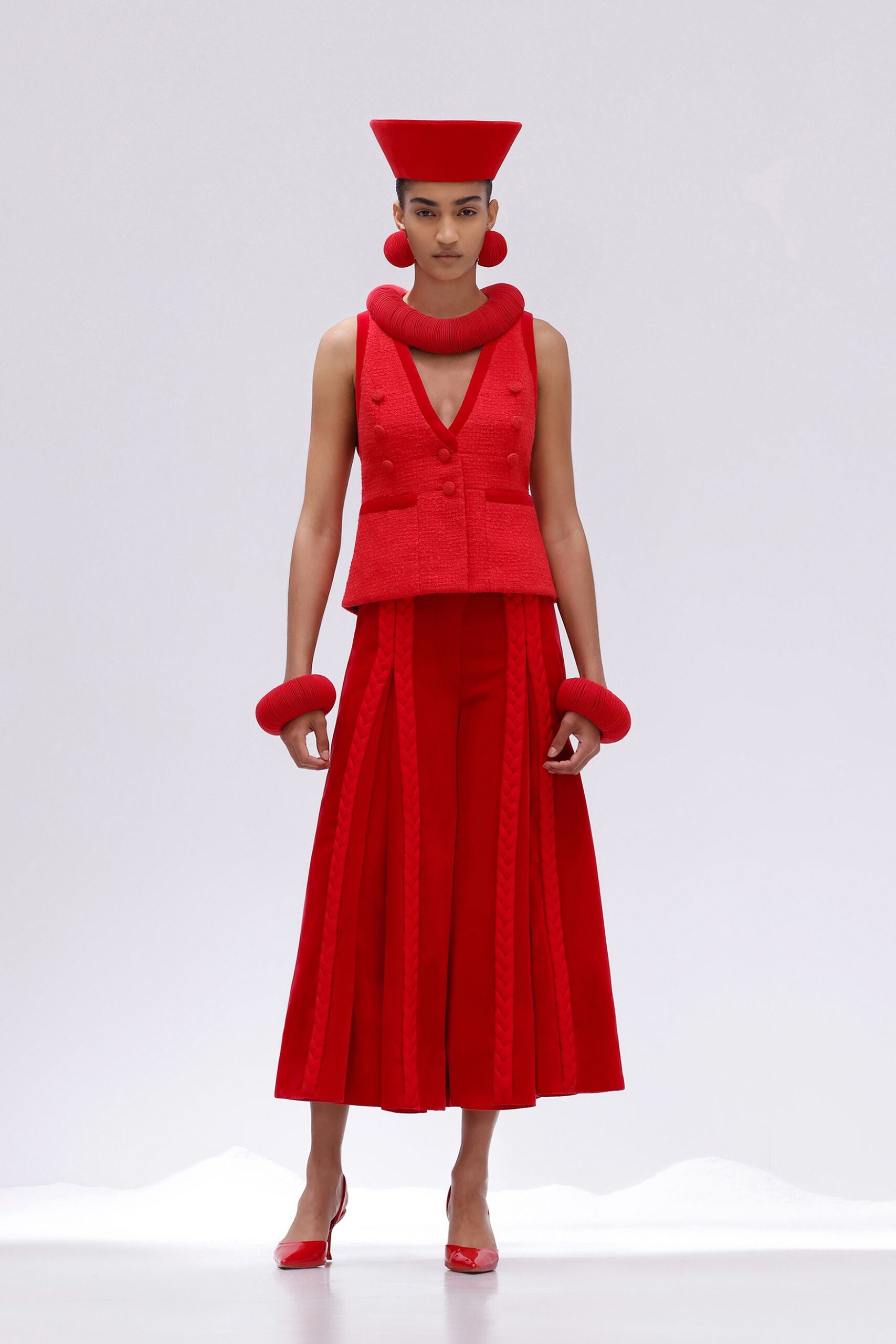 red wool fitted pleated pants