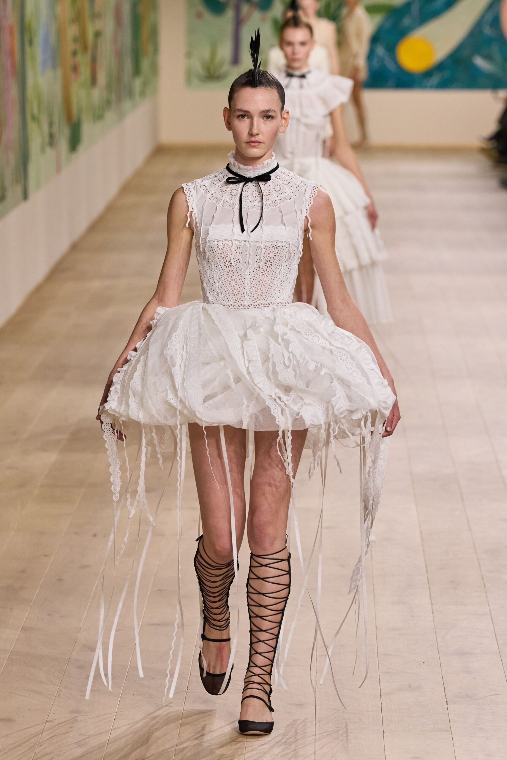white lace sleeveless high-neck fitted pleated ruffled dress
