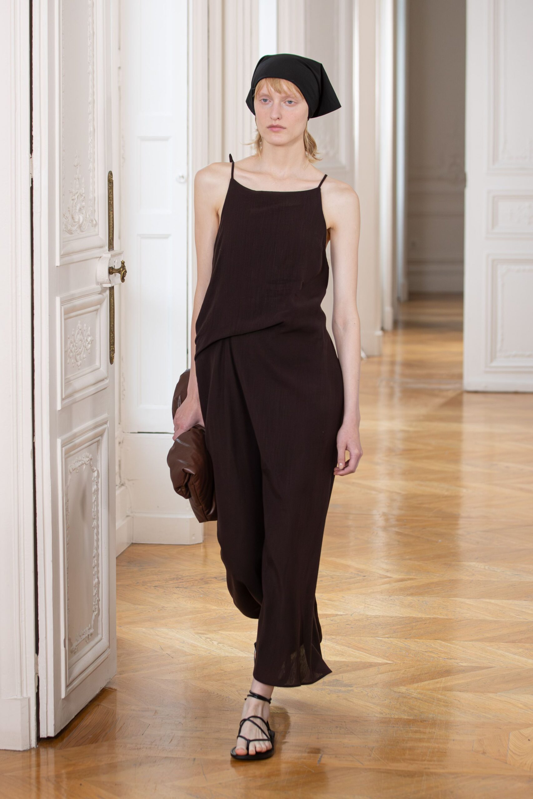 brown silk sleeveless v-neck relaxed draped flowing dress