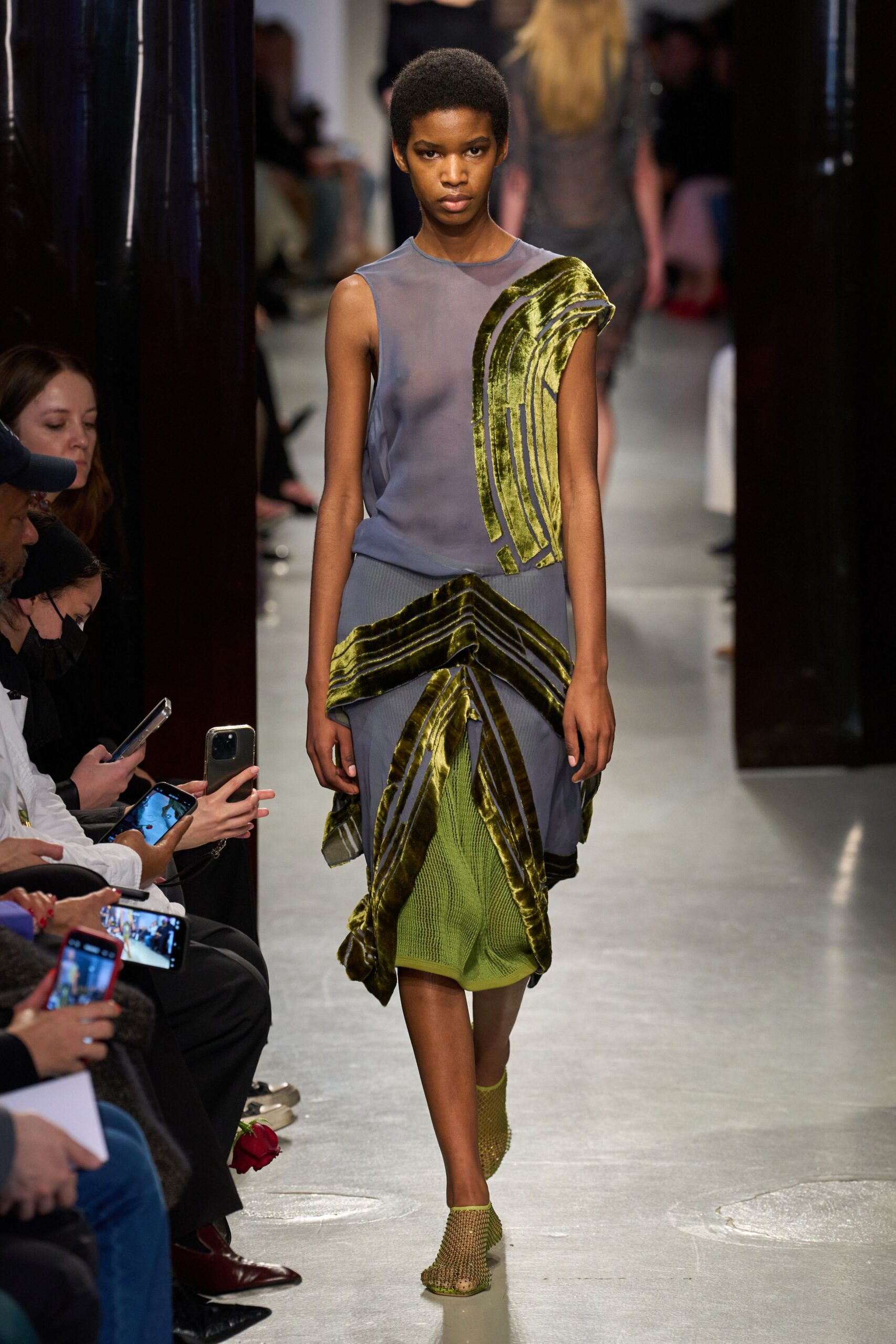 gray silk sleeveless asymmetric fitted draped layered dress