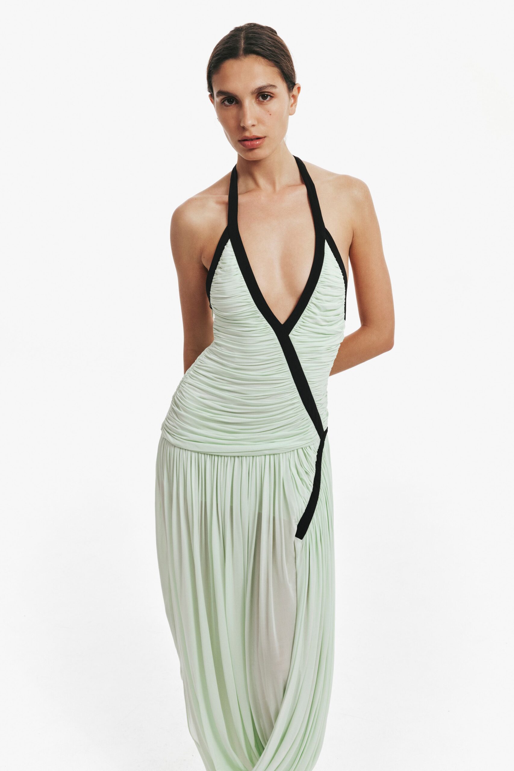 fitted green silk gown