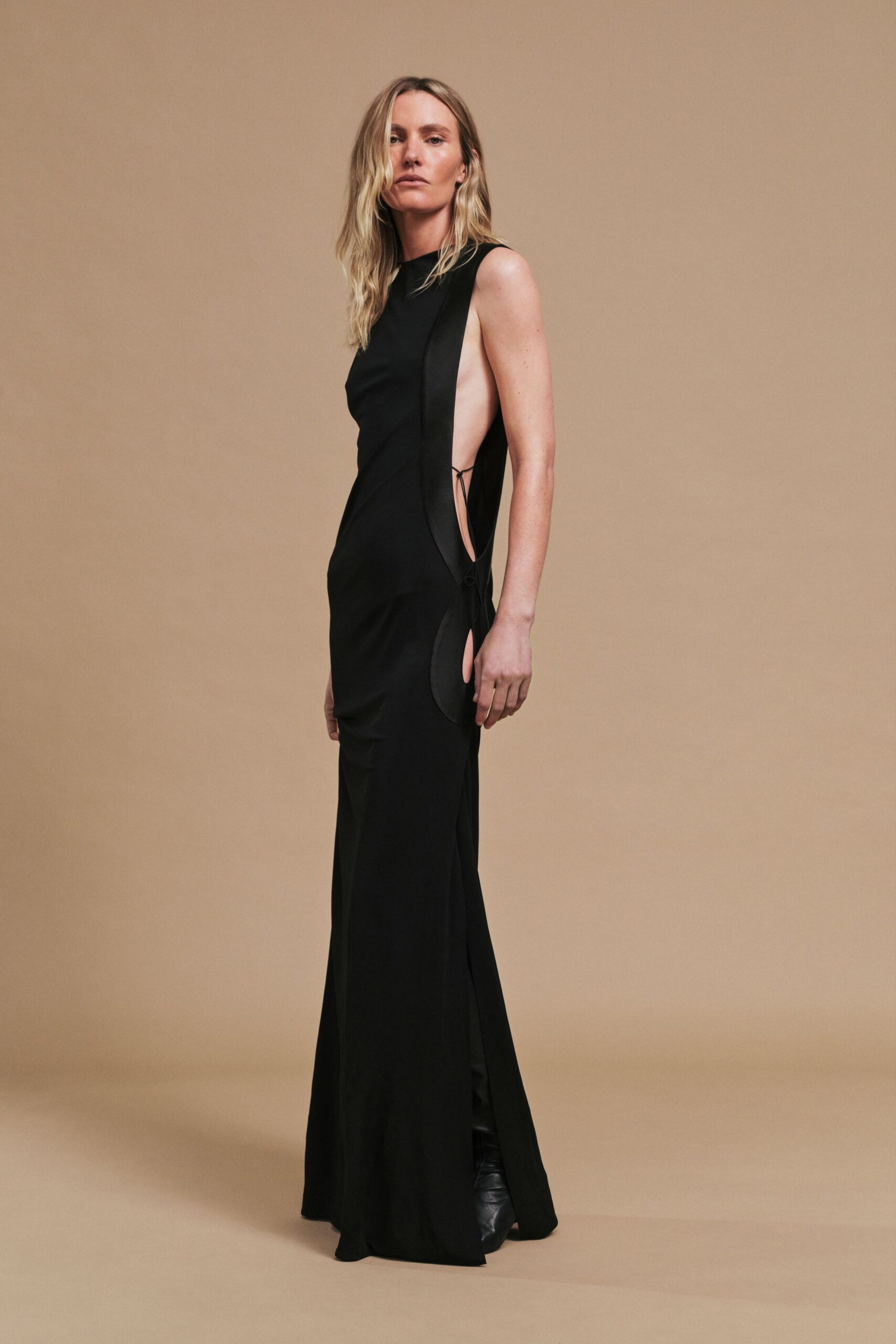 black silk backless gown with cutouts