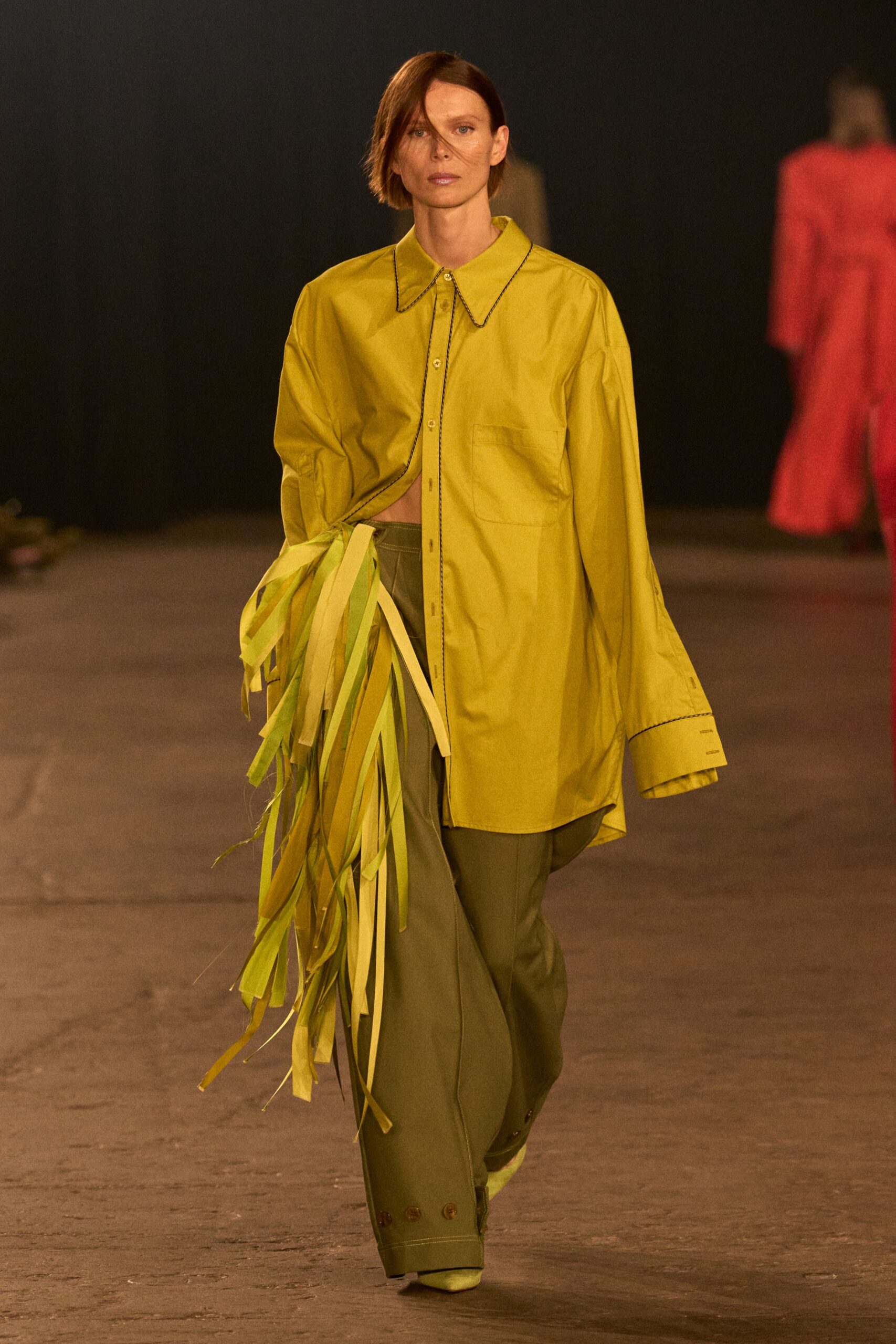 yellow oversized shirt green relaxed pants