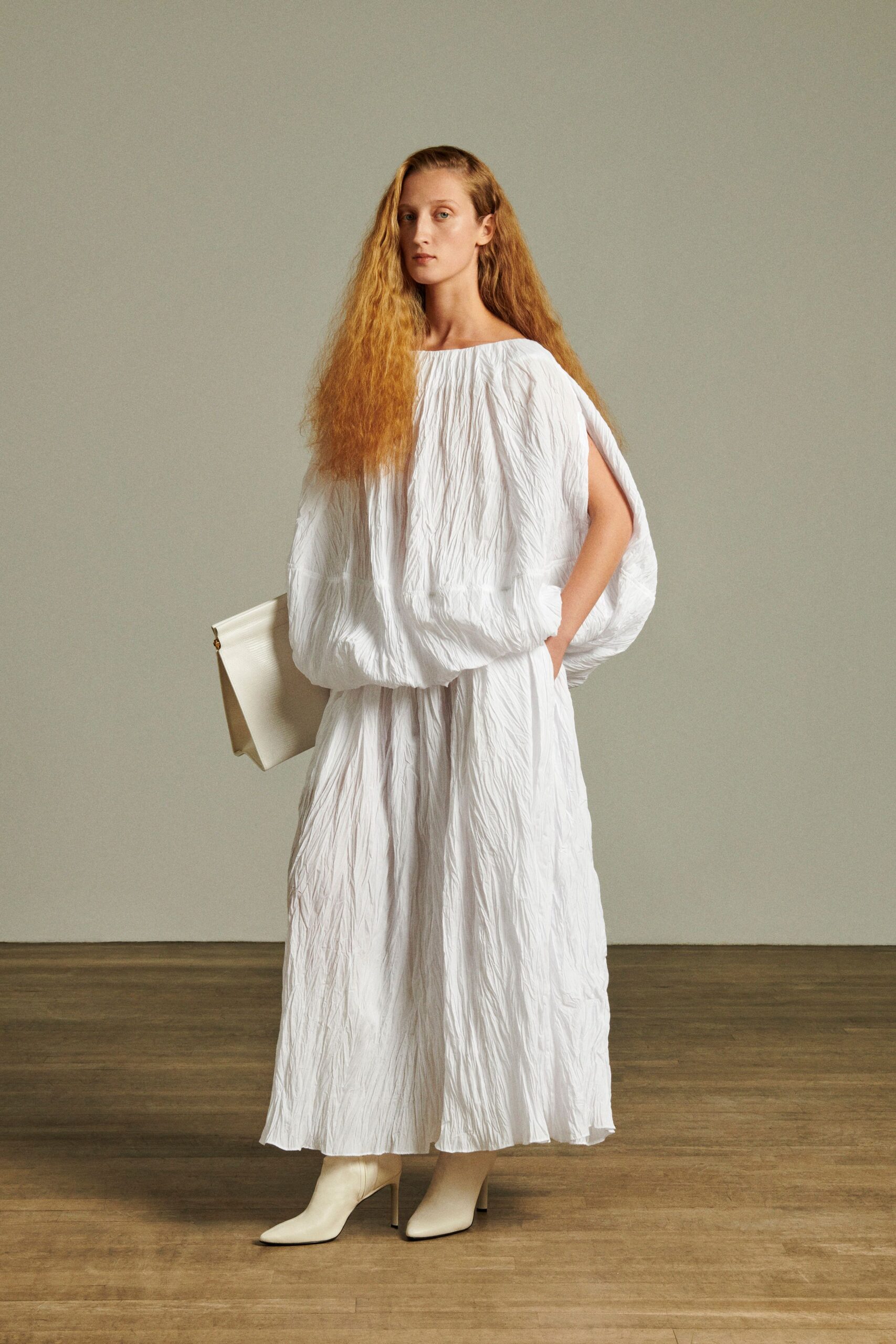 white cotton relaxed draped textured maxi skirt