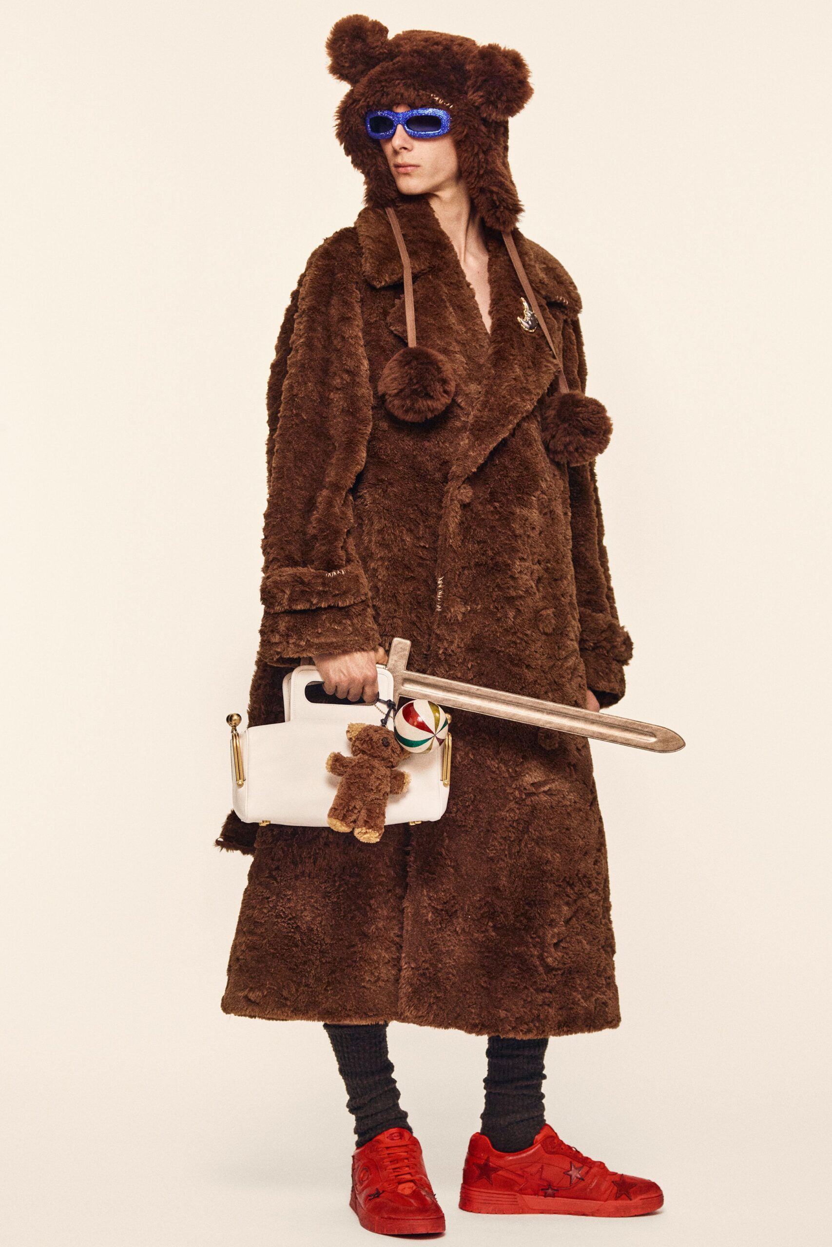 brown faux-fur coat with accessories
