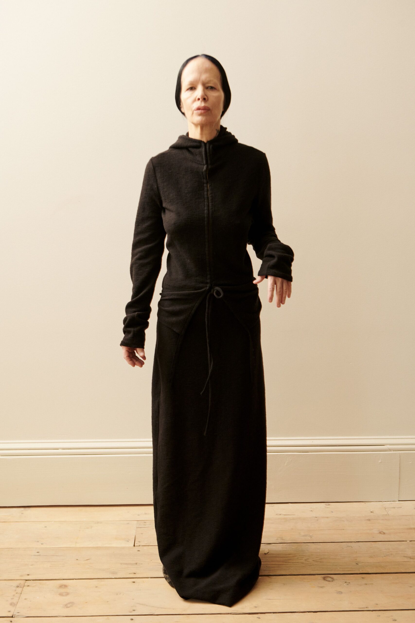 black wool hooded maxi dress