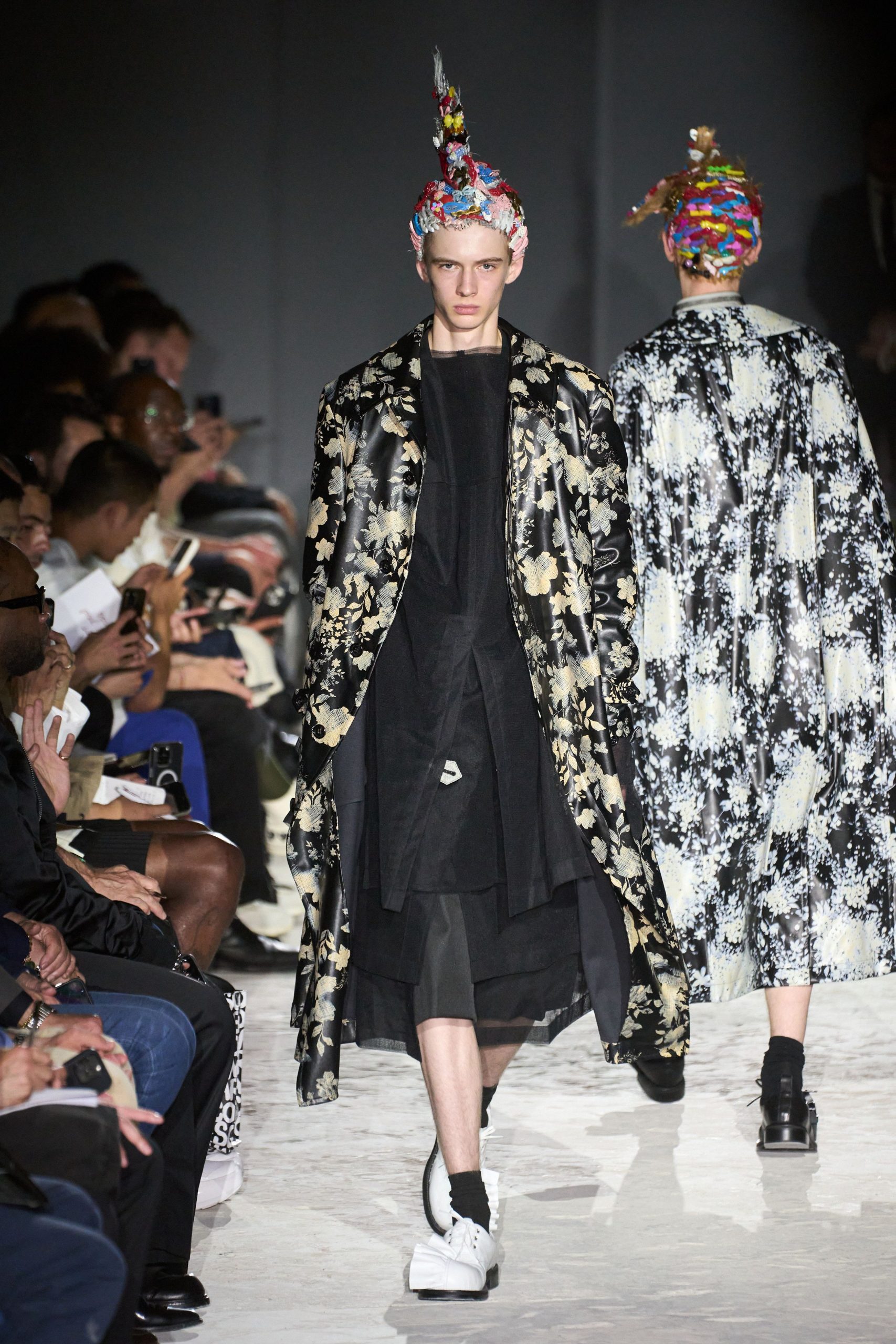 black floral coat and dress