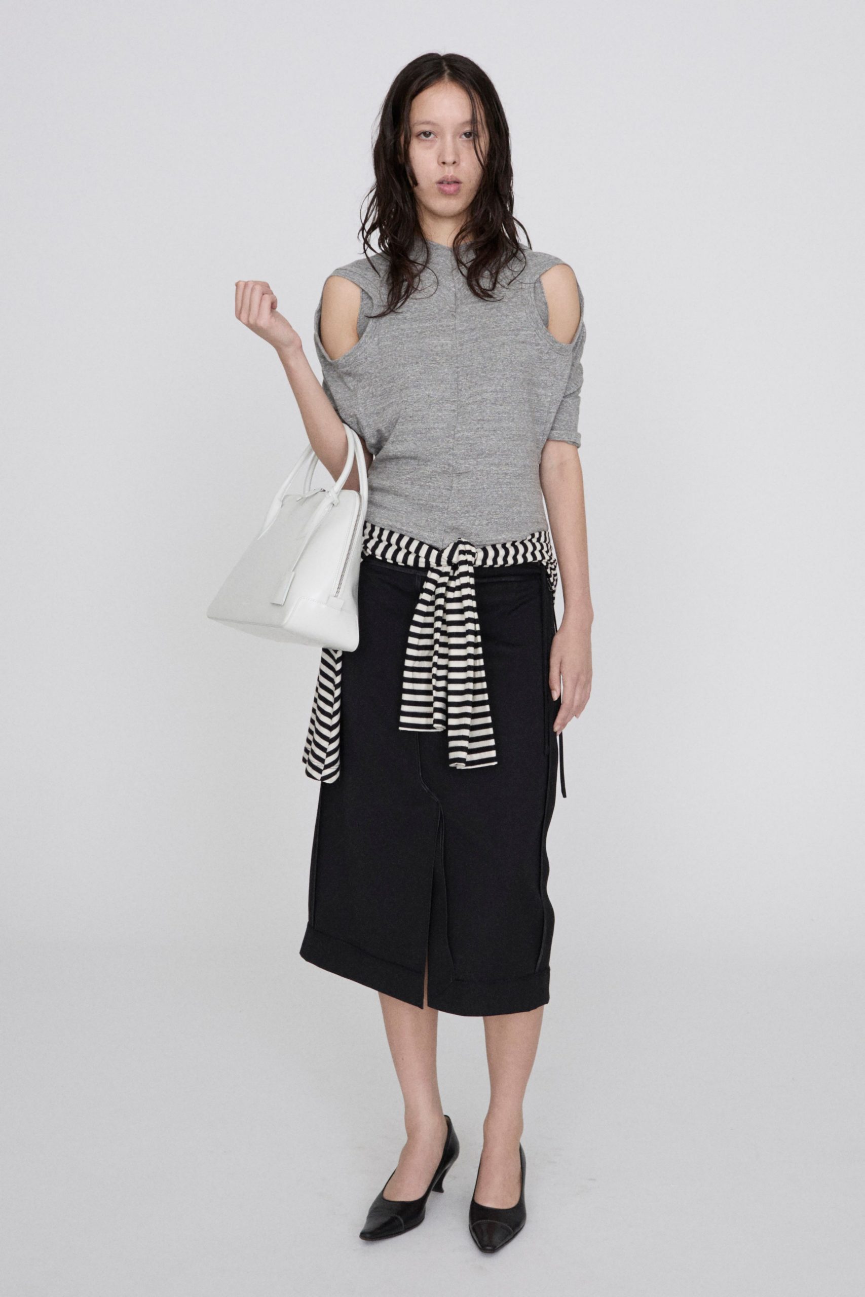 black denim slit fitted skirt