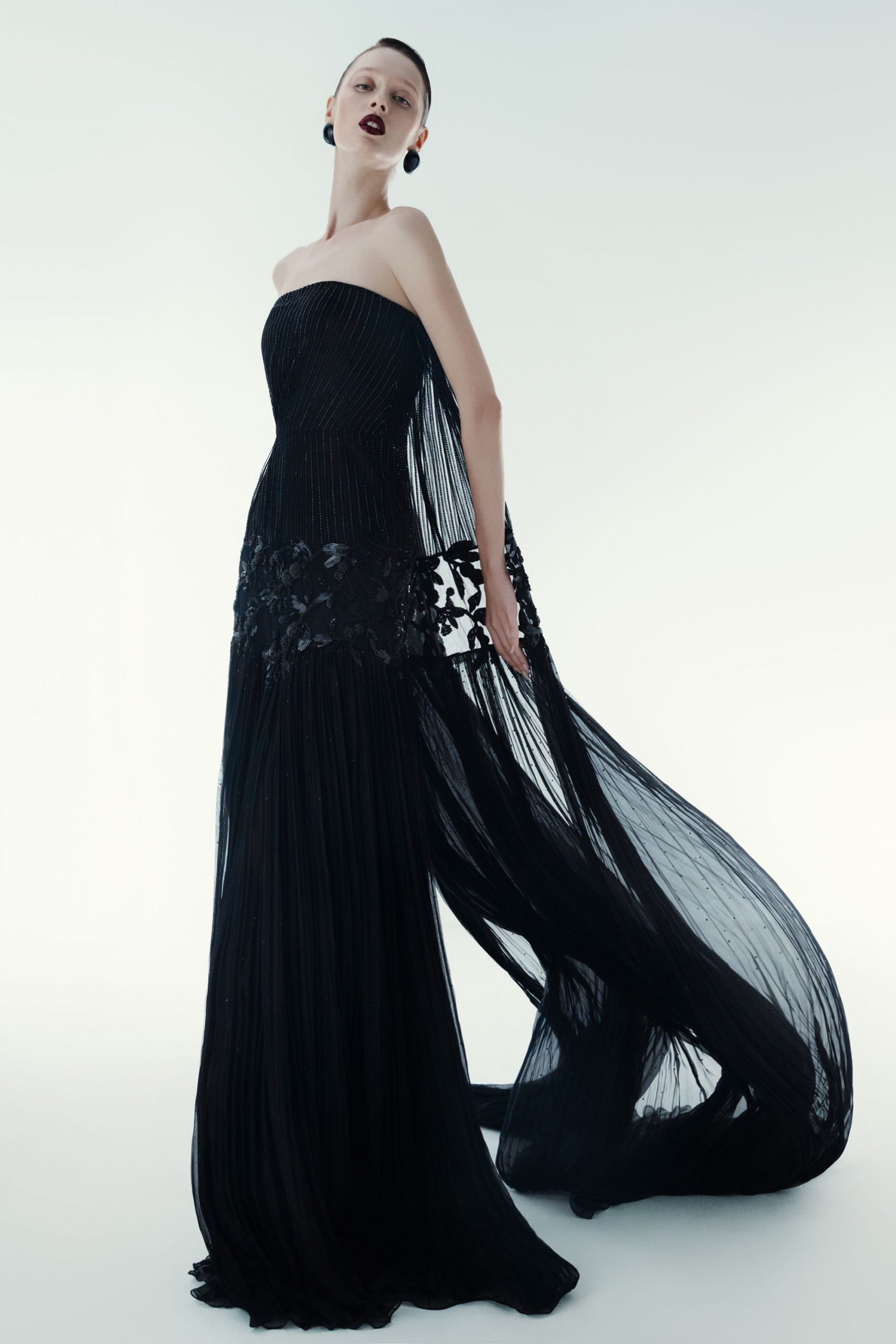 black silk strapless gown