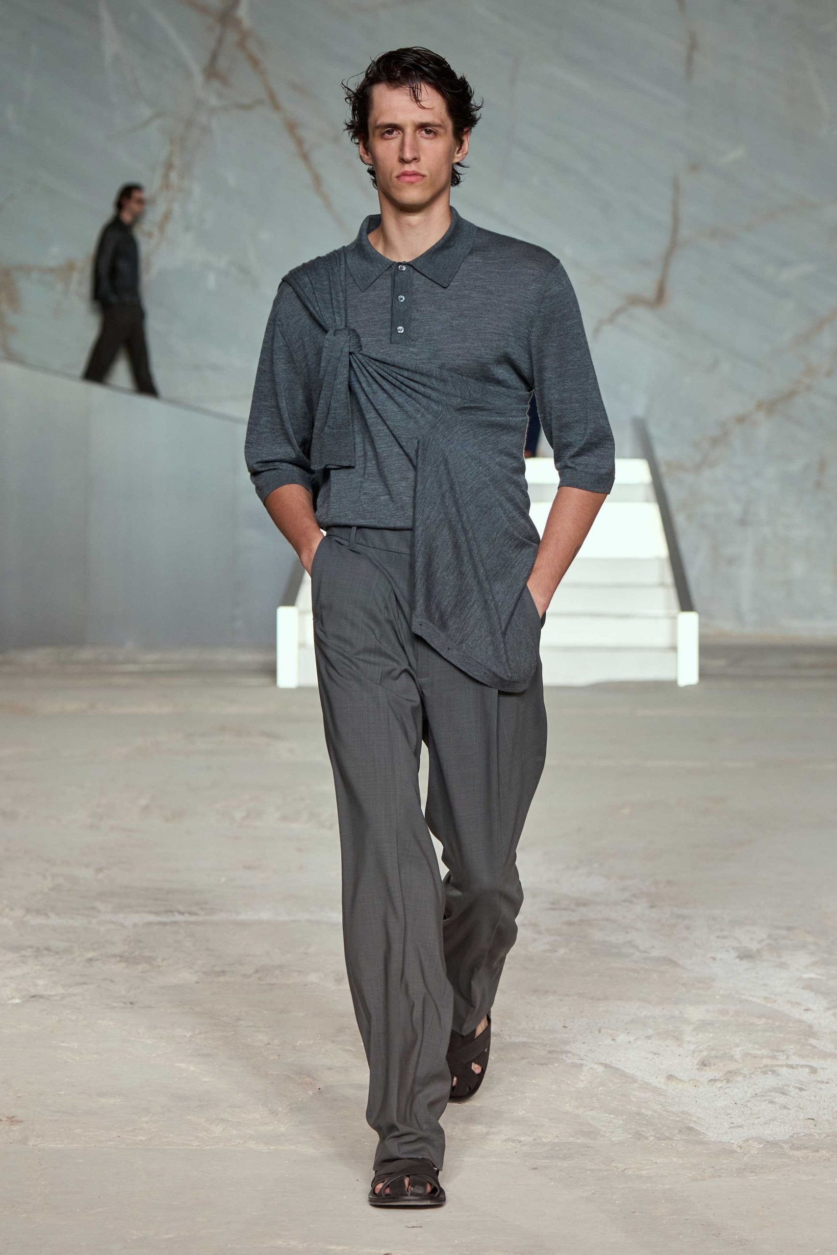gray cotton long-sleeve collared relaxed layered shirt
