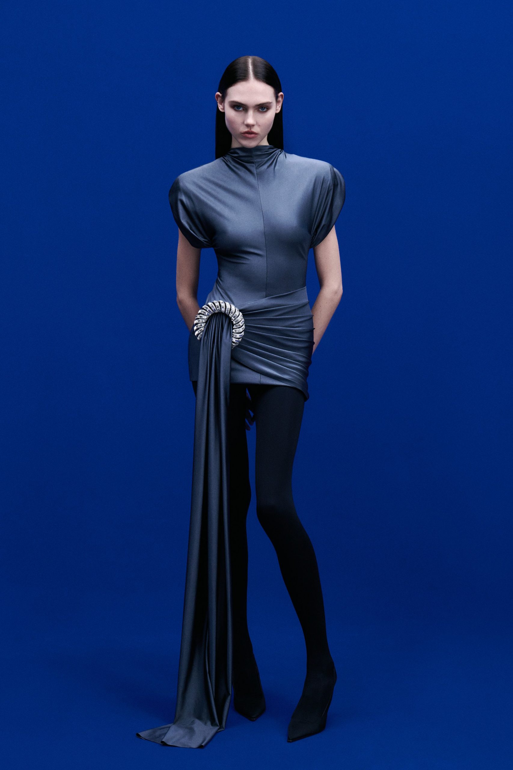 gray silk short-sleeve high-neck fitted ruched draped dress
