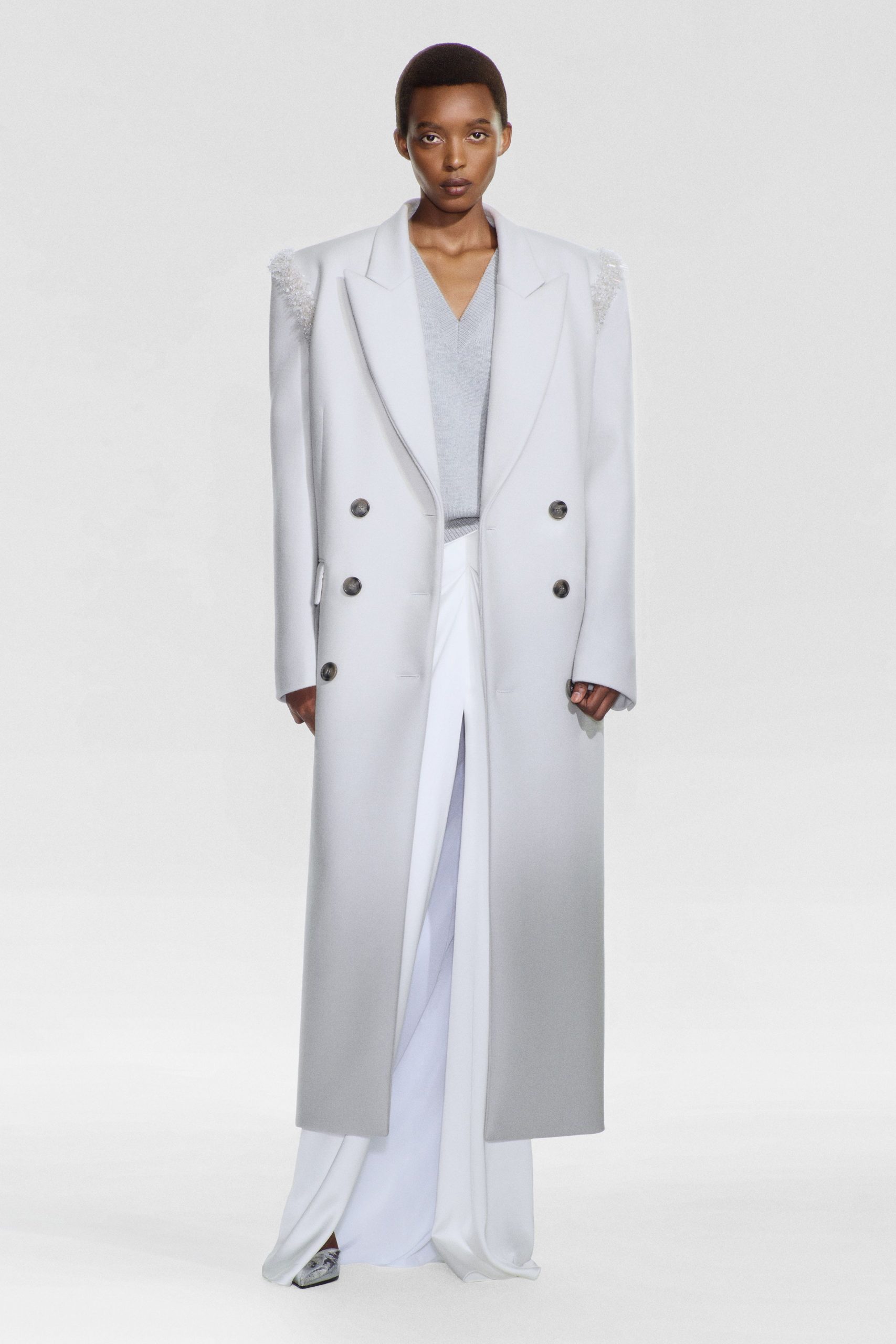 white wool long-sleeve v-neck structured embellished maxi coat