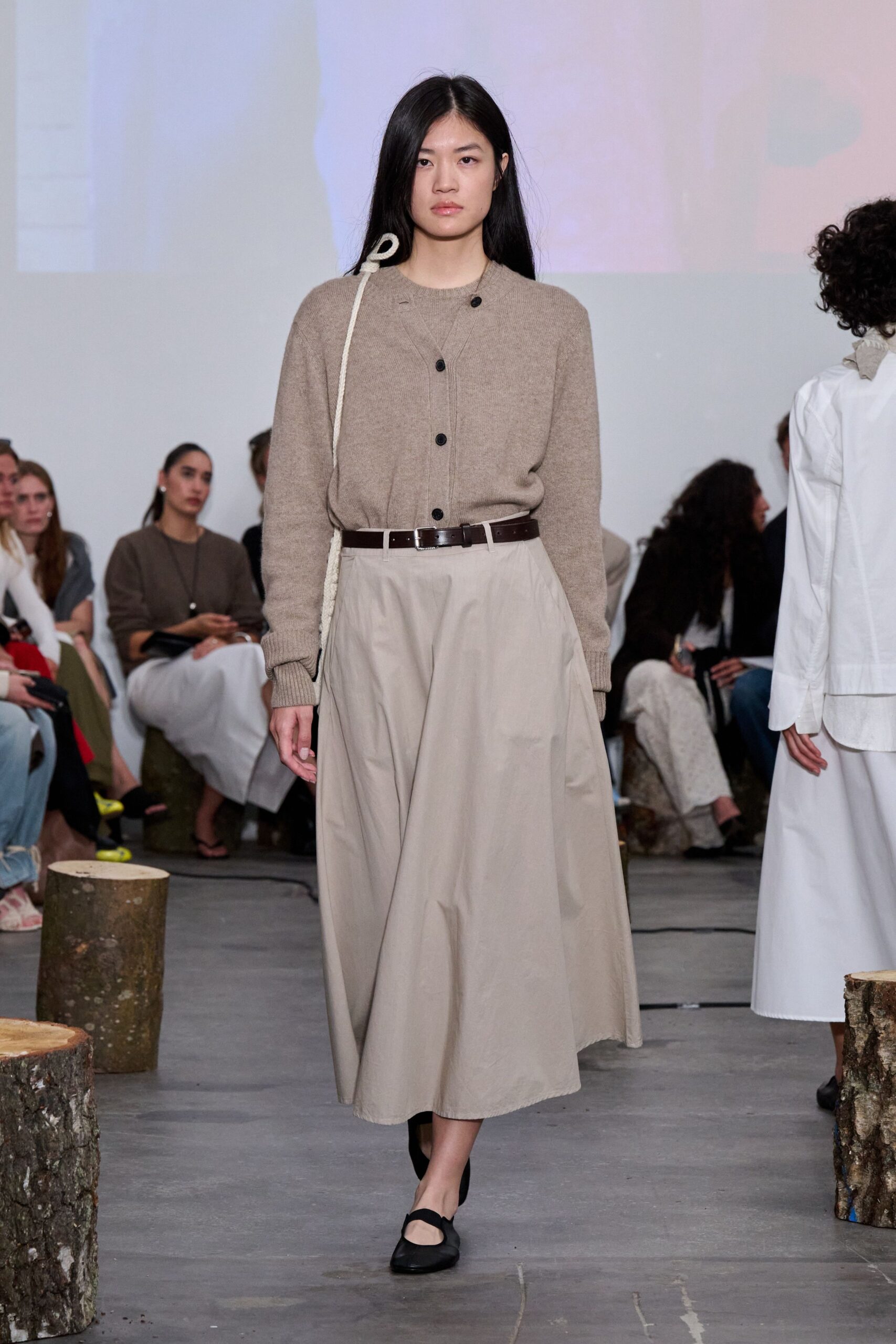 beige cardigan and midi skirt