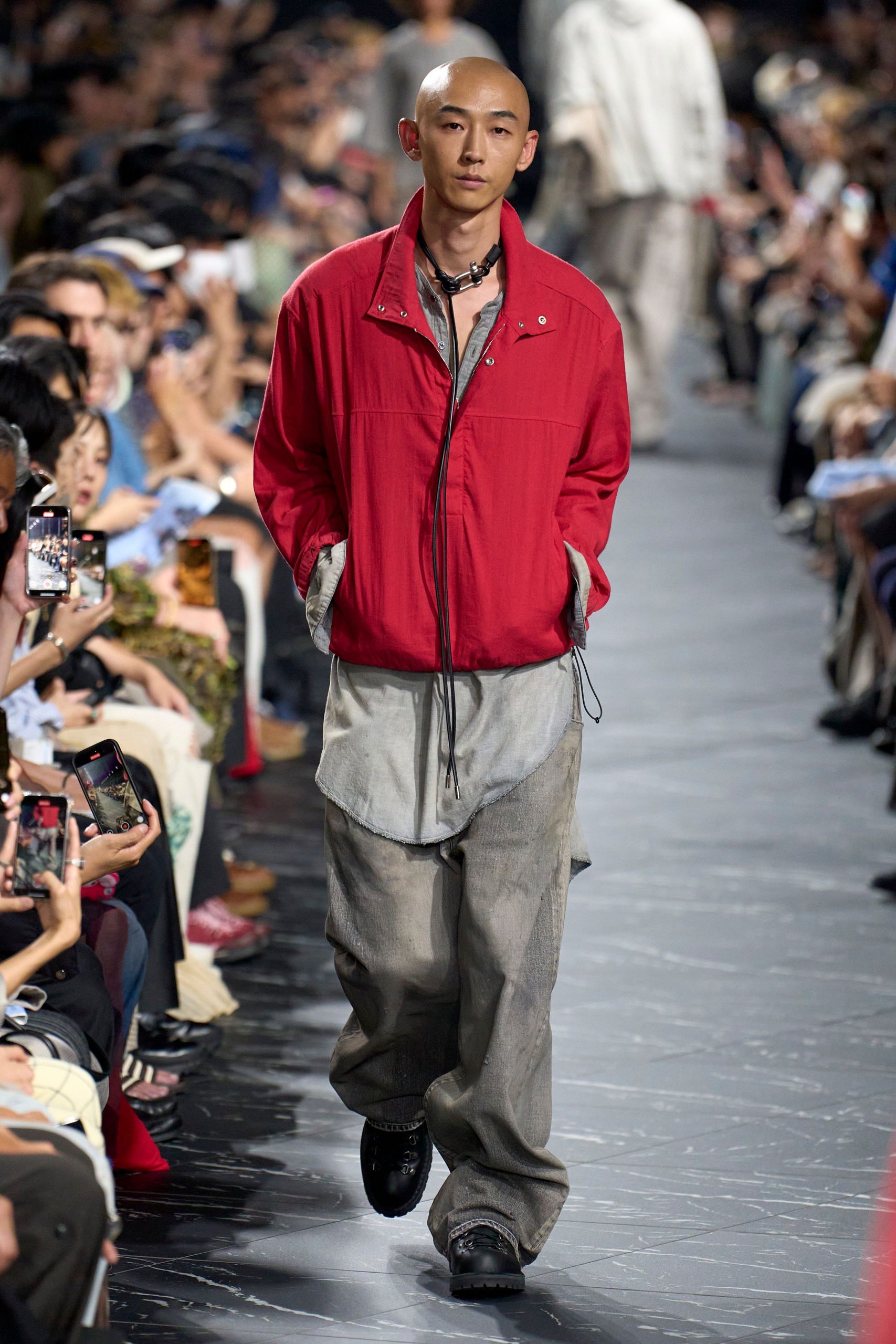 red relaxed jacket with gray shirt