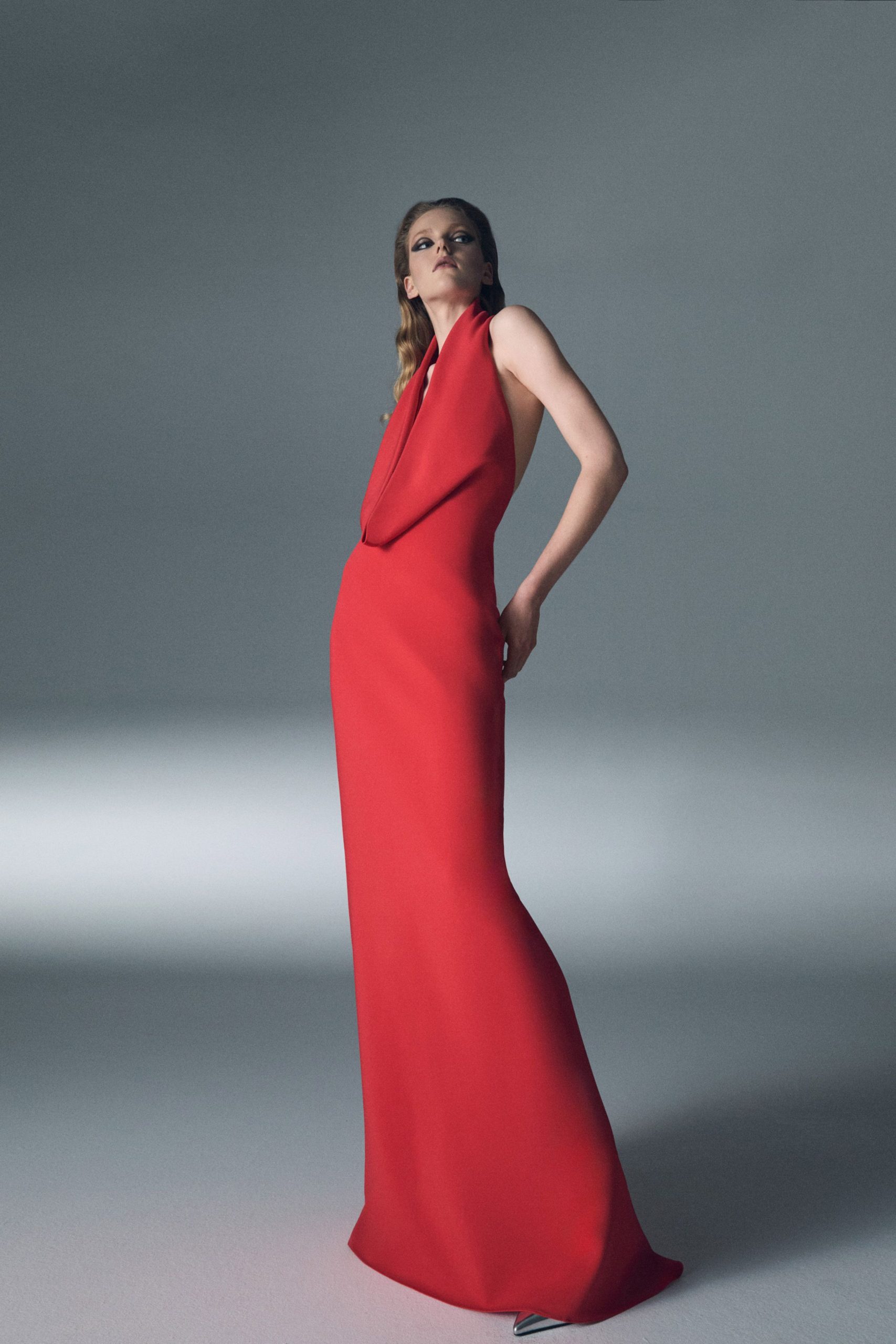red silk sleeveless gown
