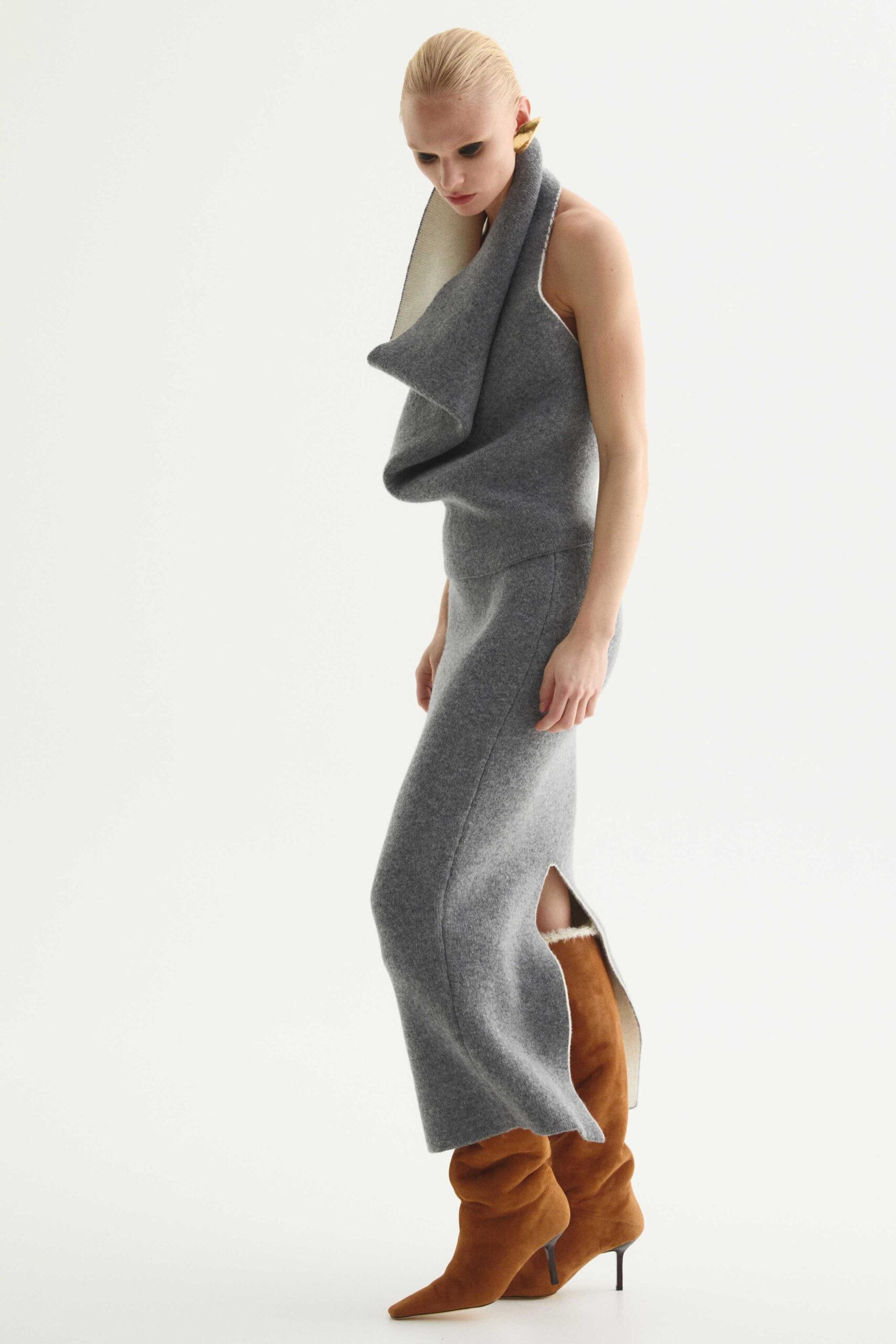 gray wool sleeveless high-neck fitted draped maxi dress