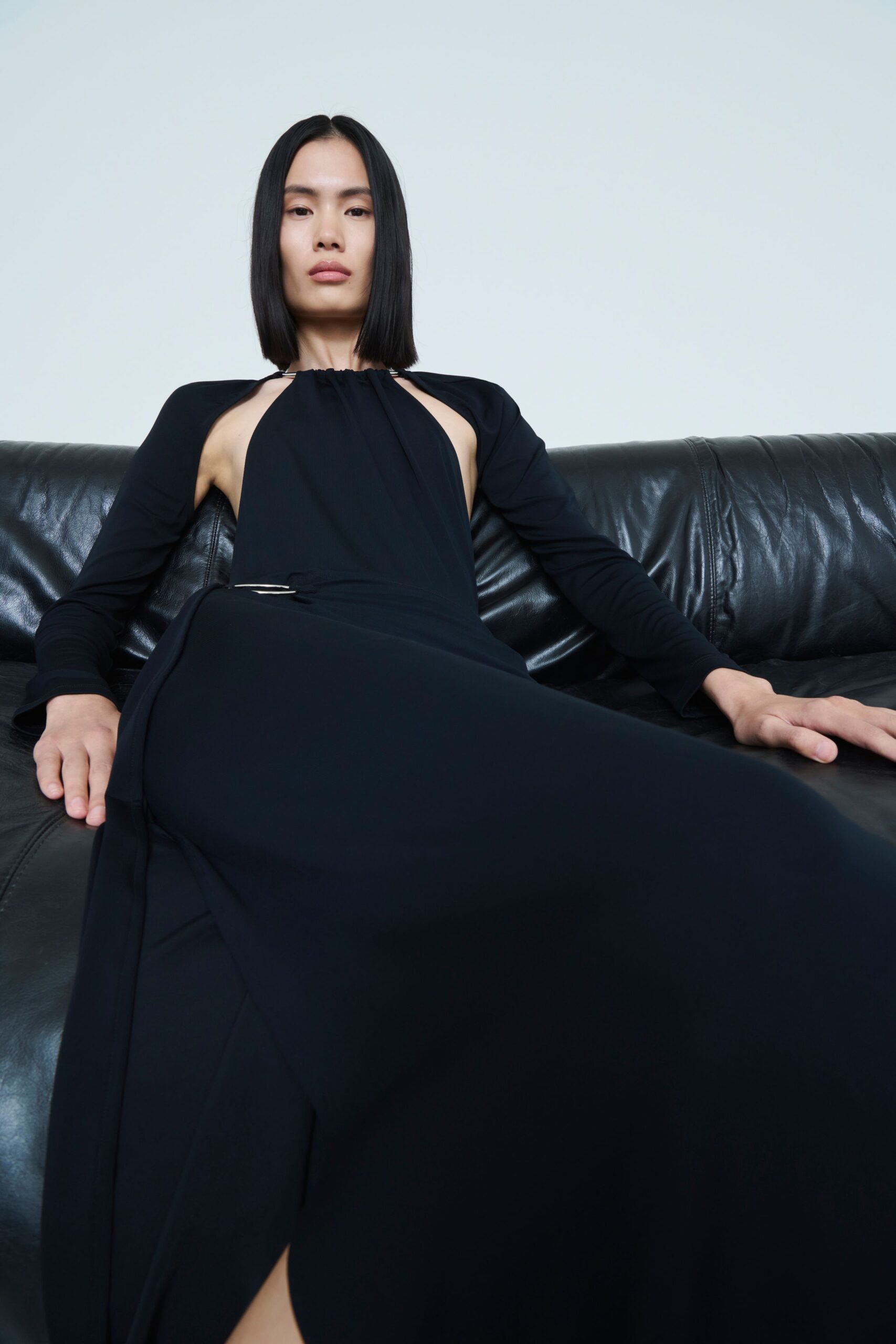 black silk fitted gown