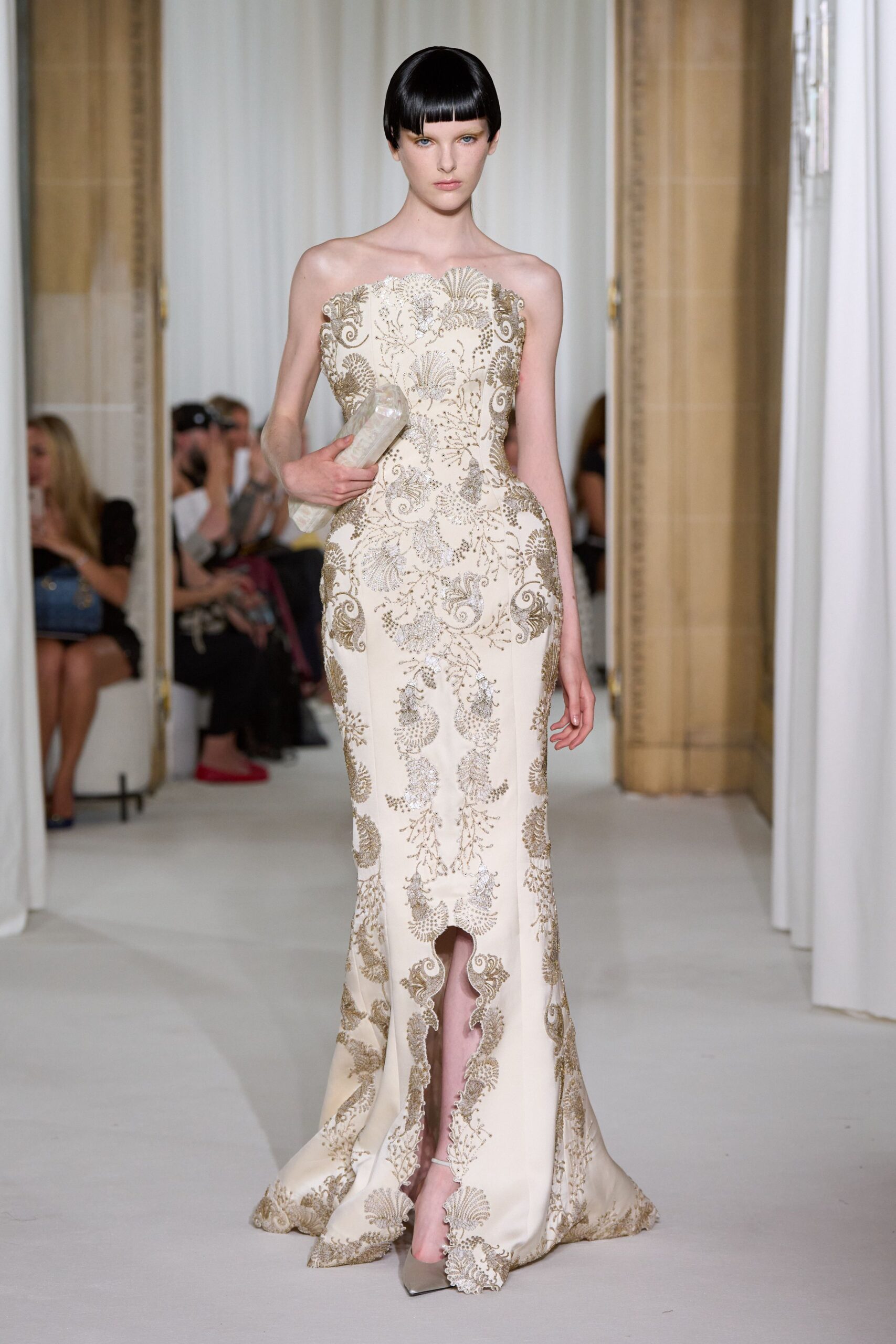 ivory silk strapless slit fitted embroidered maxi gown