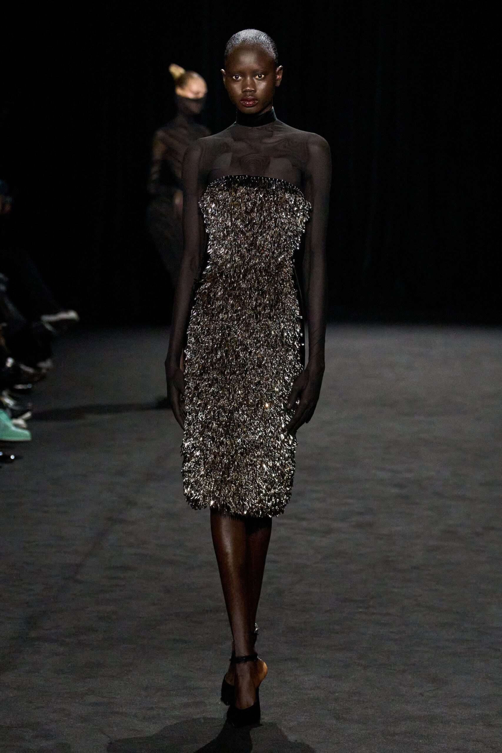 black silk sleeveless high-neck fitted pleated embellished dress