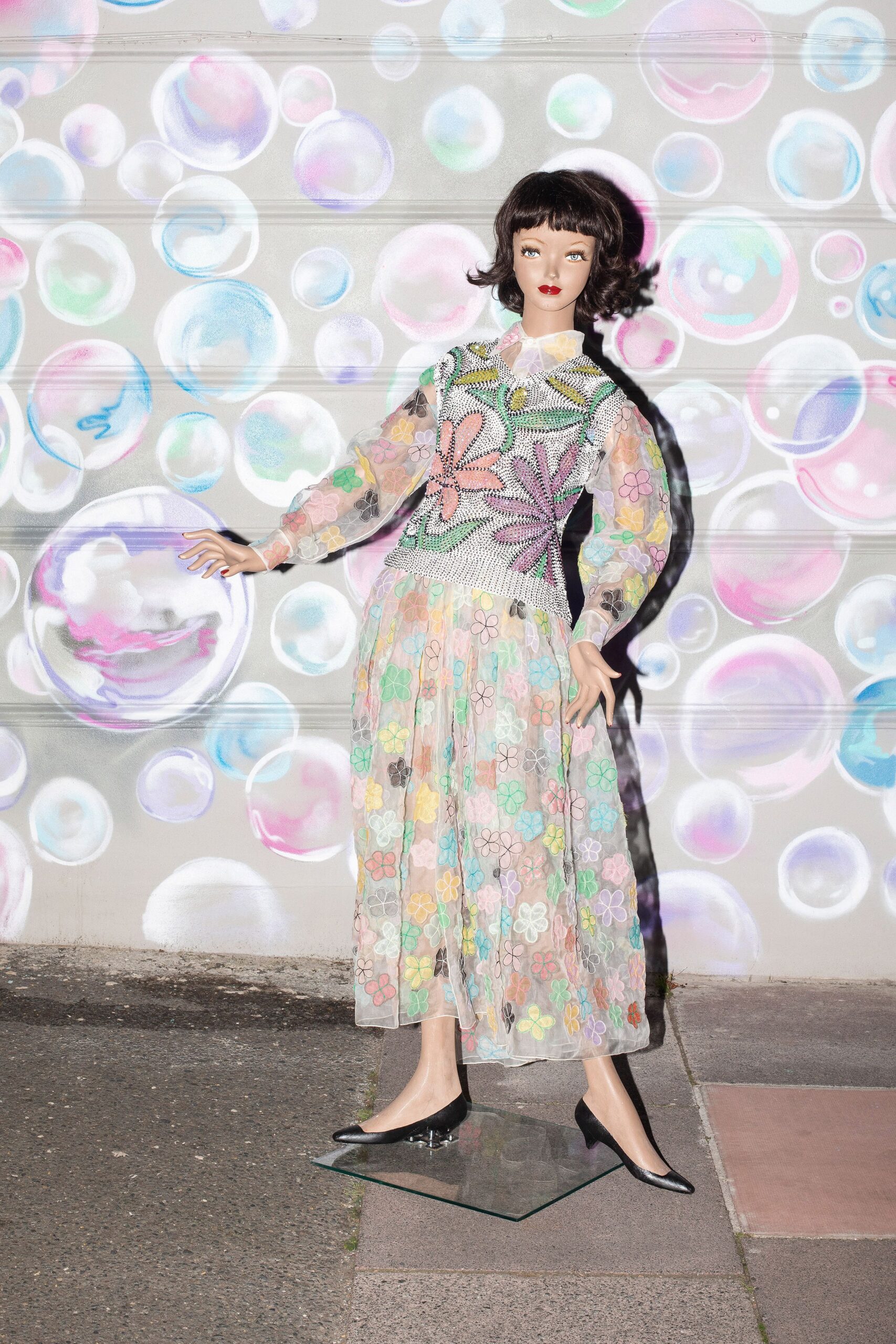 multi mesh long-sleeve collared fitted embroidered tiered dress