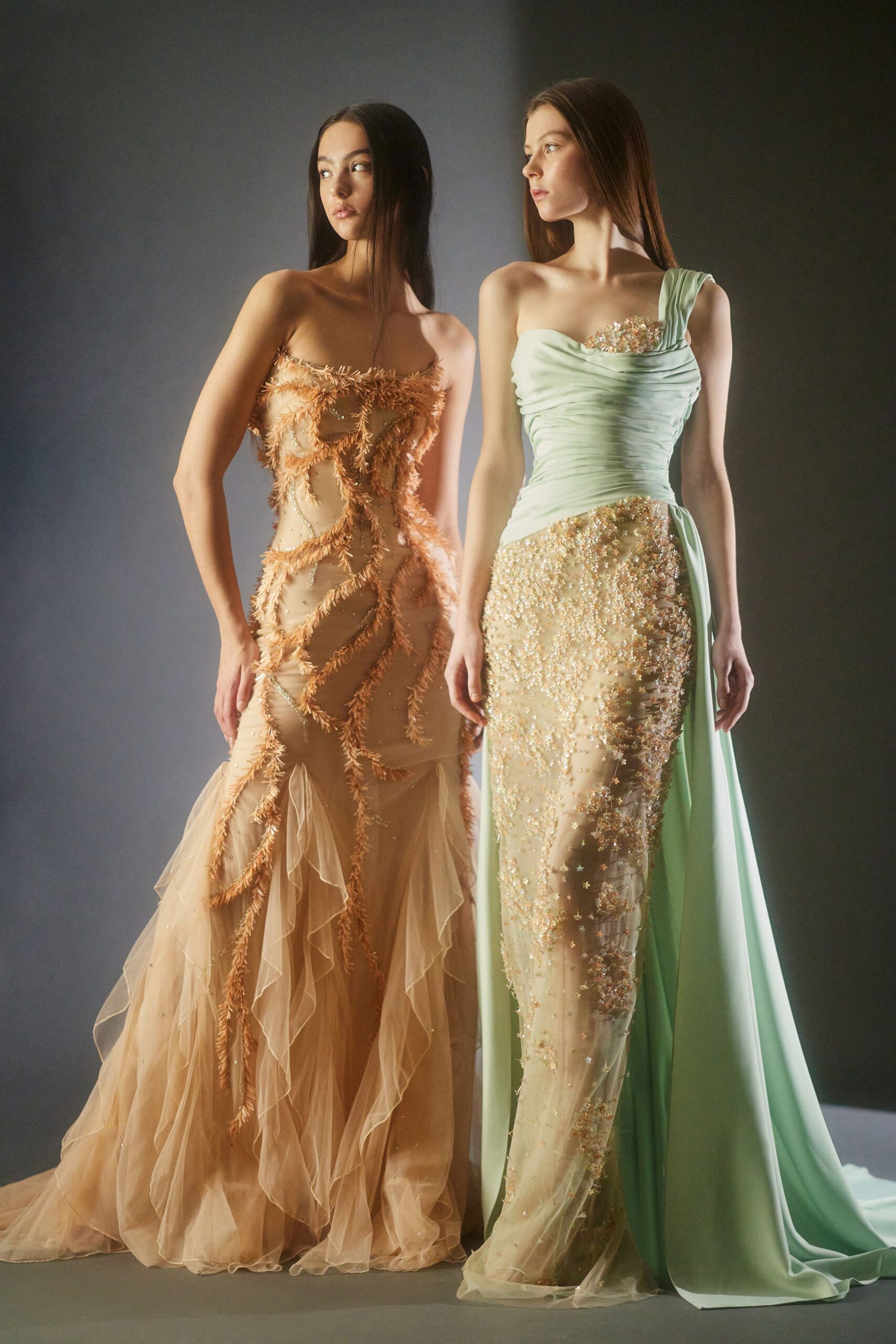 beige silk sleeveless off-shoulder fitted ruffled embroidered gown