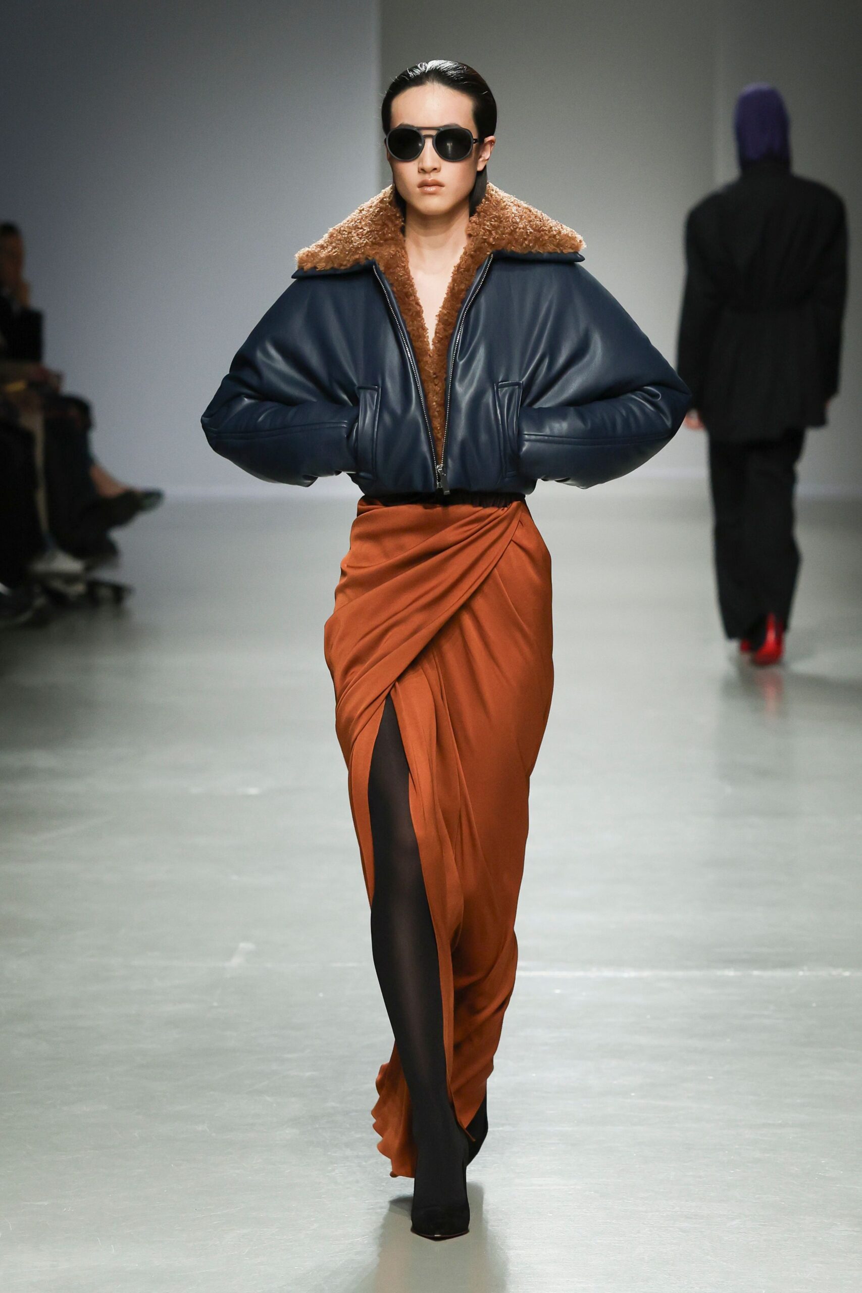 orange silk slit fitted high-waisted draped midi skirt