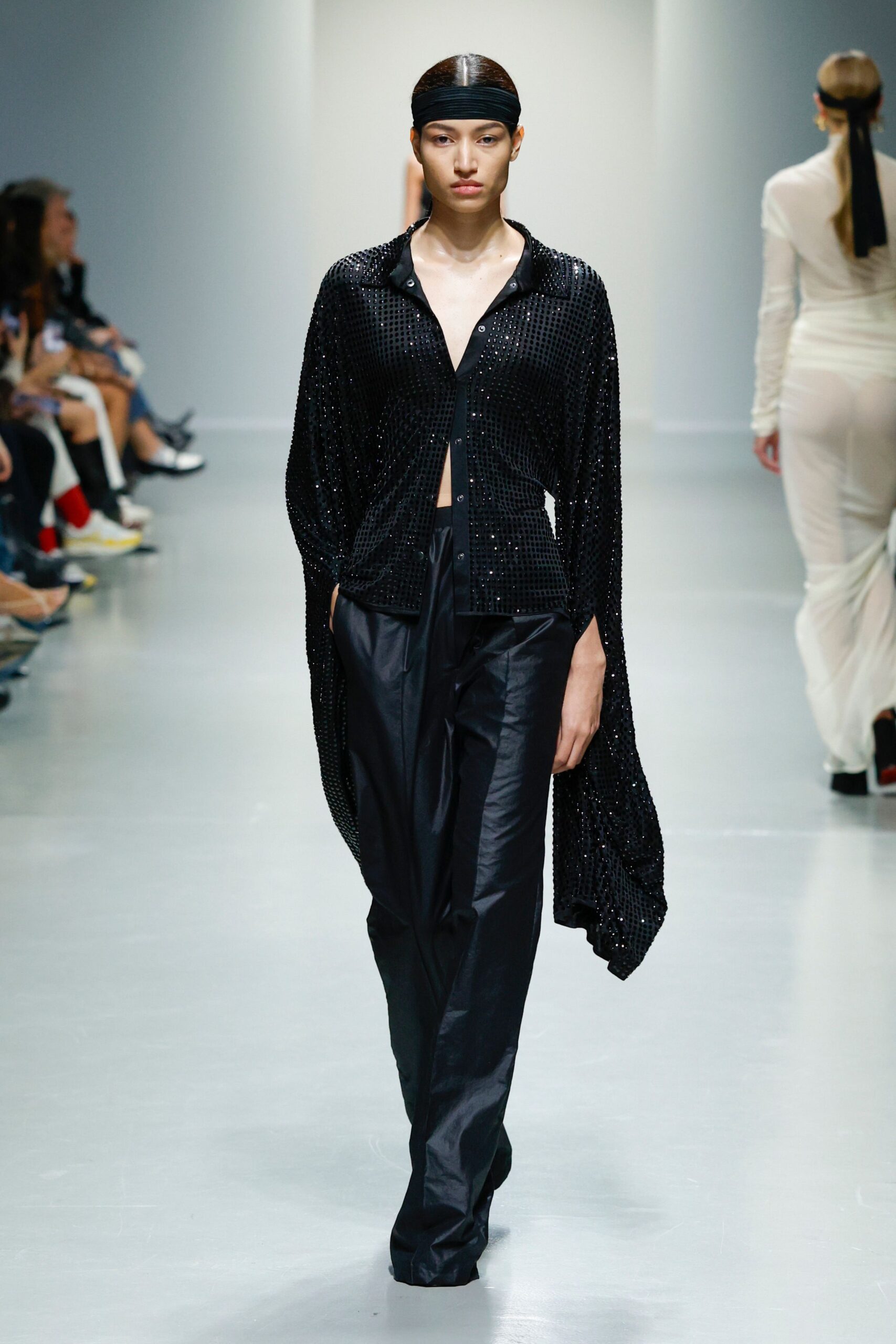 black sequined shirt and pants