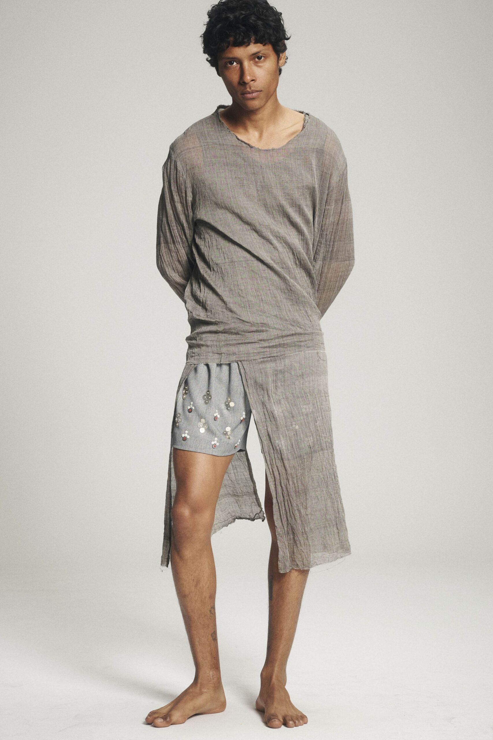 gray linen long-sleeve scoop-neck oversized draped layered top