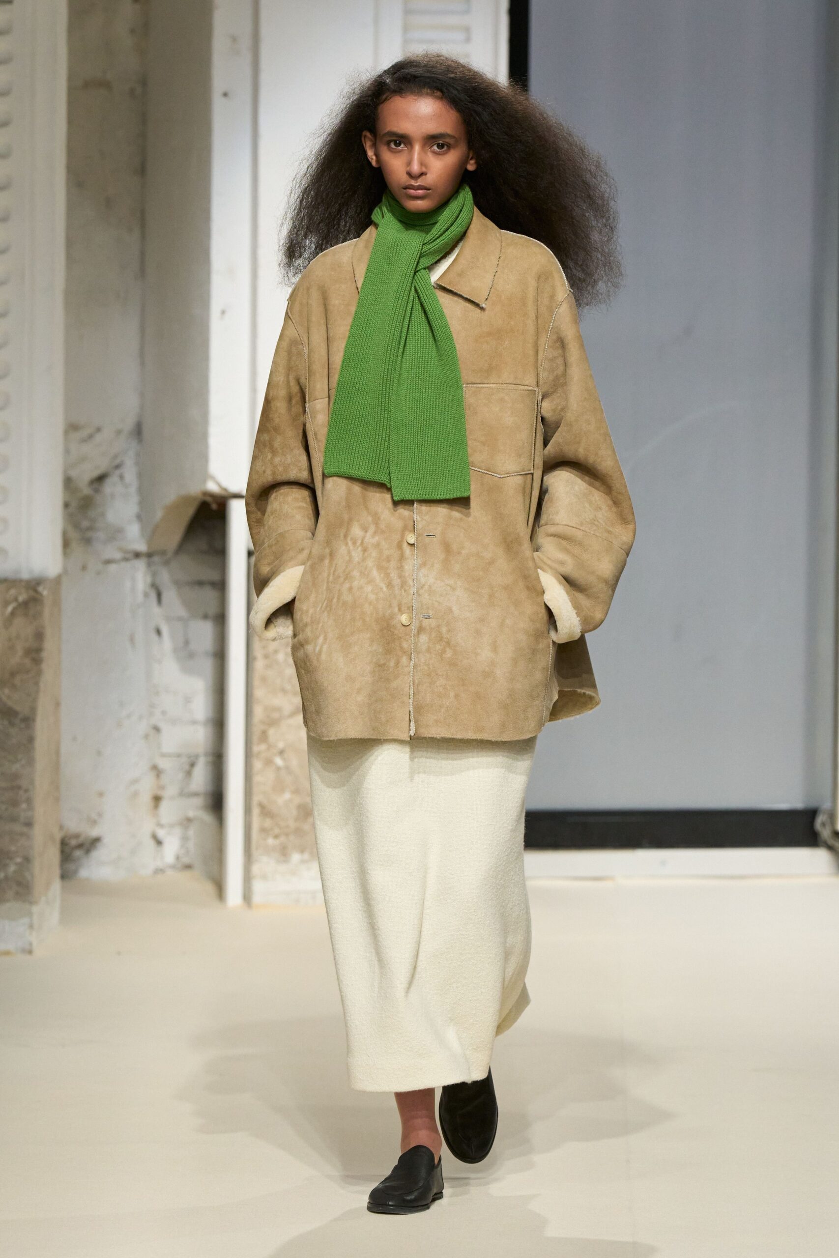 beige suede long-sleeve collared oversized coat